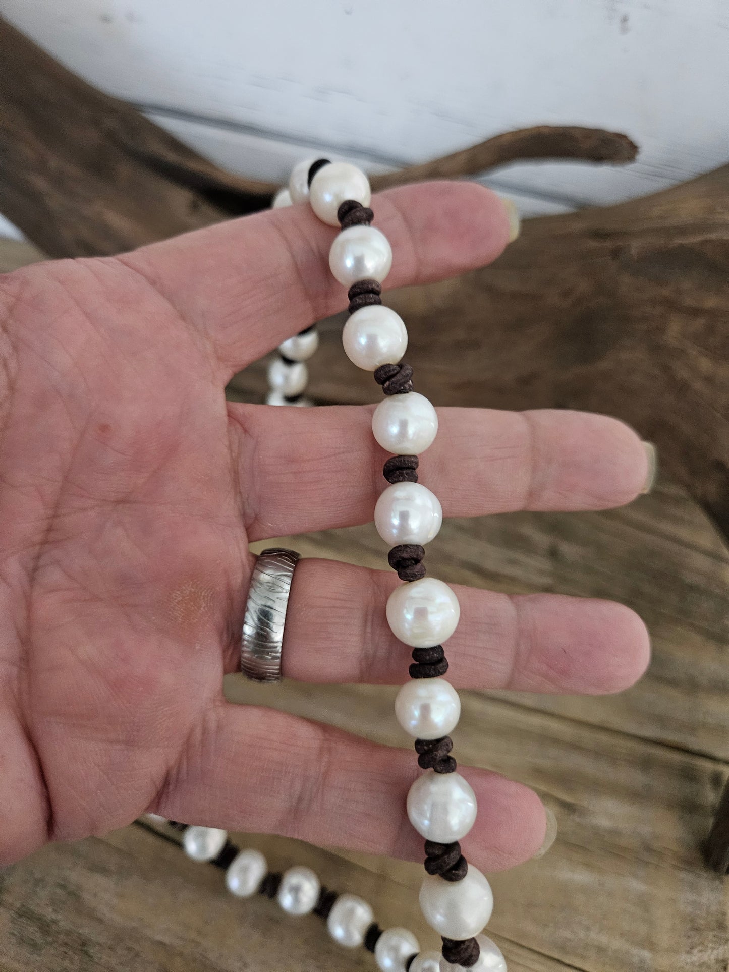 Freshwater Pearl Necklace: Knotted Leather, Hippie Beach Jewelry 20" Inch