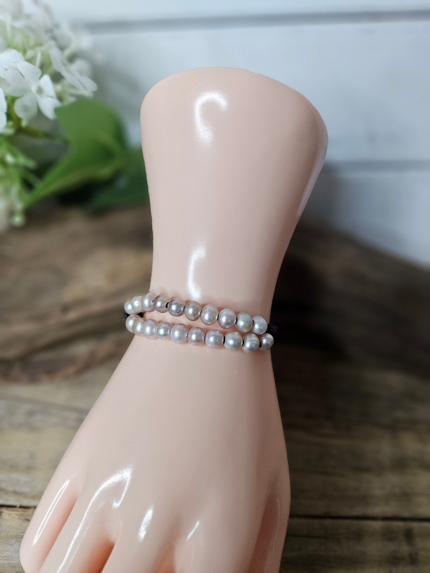 Leather Freshwater Pearl- Multi Row Mauve Color Bracelet