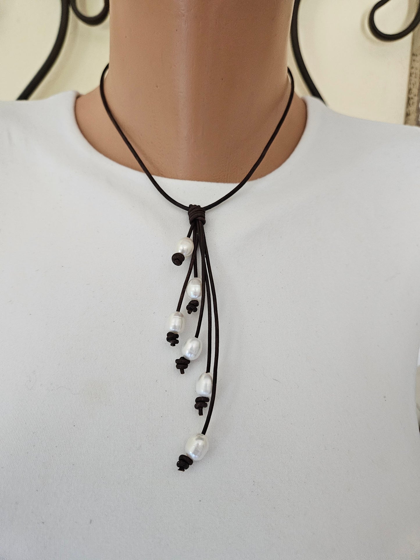 White Freshwater Pearl Necklace-Lariat Style Leather Necklace