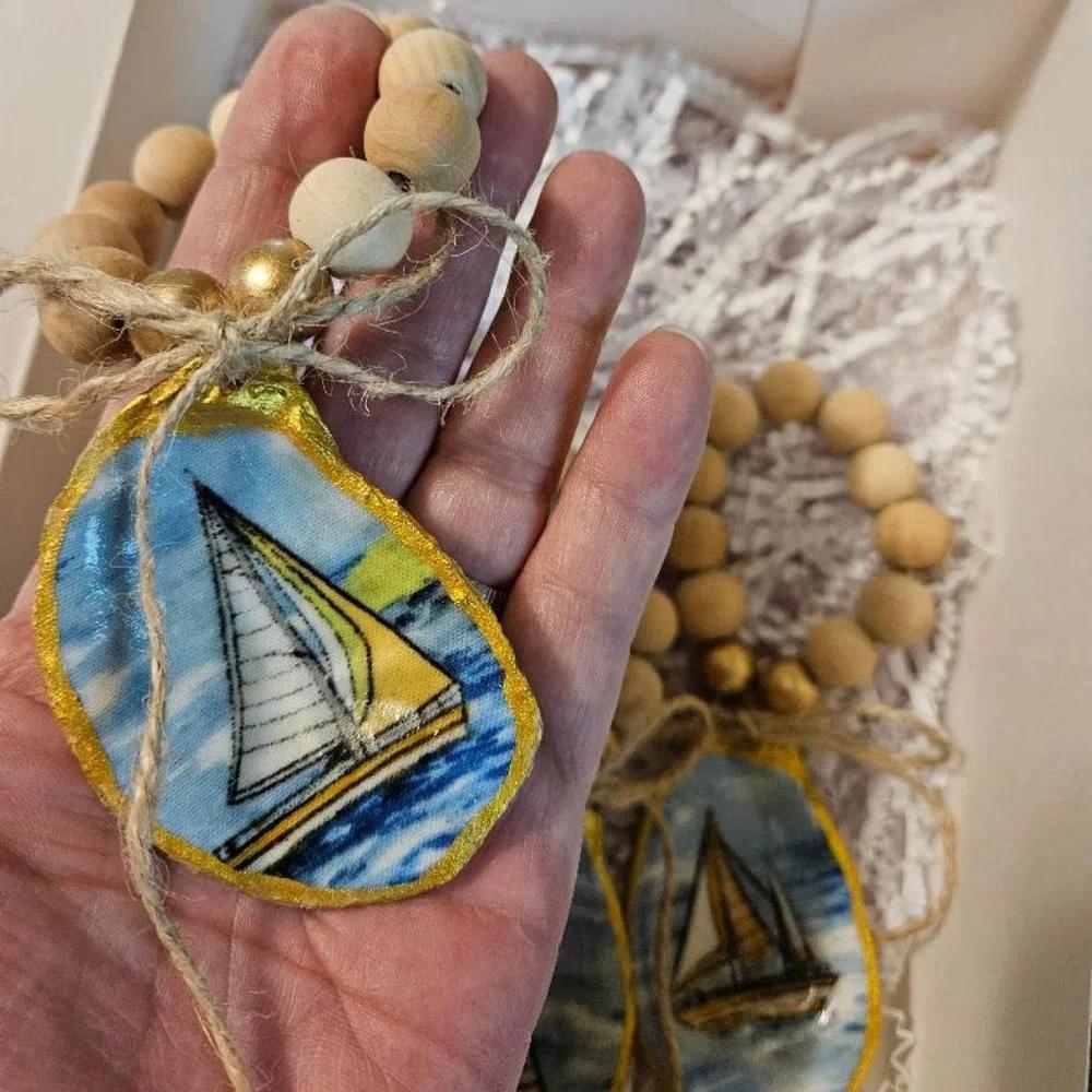 Decoupage Oyster Shell Sailboat Nautical Napkin Rings
