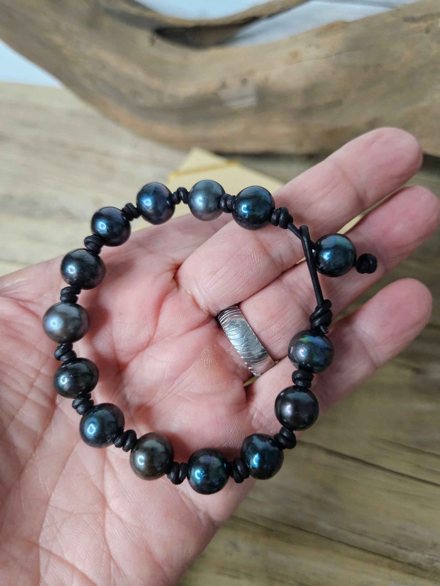 Peacock Pearl Knotted Leather Bracelet: Boho Hippie Jewelry