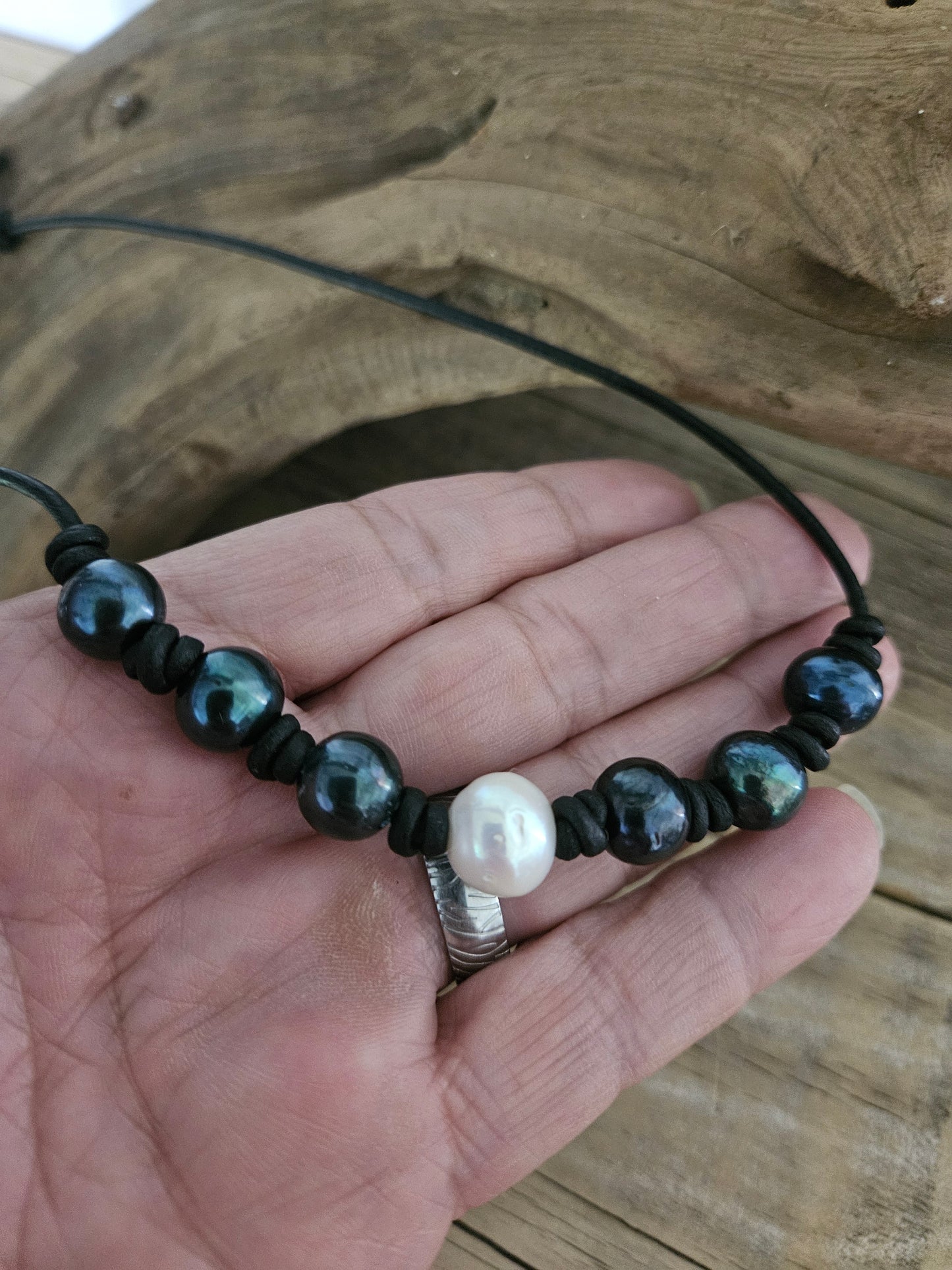 Boho Beach Pearls on Black Leather Necklace