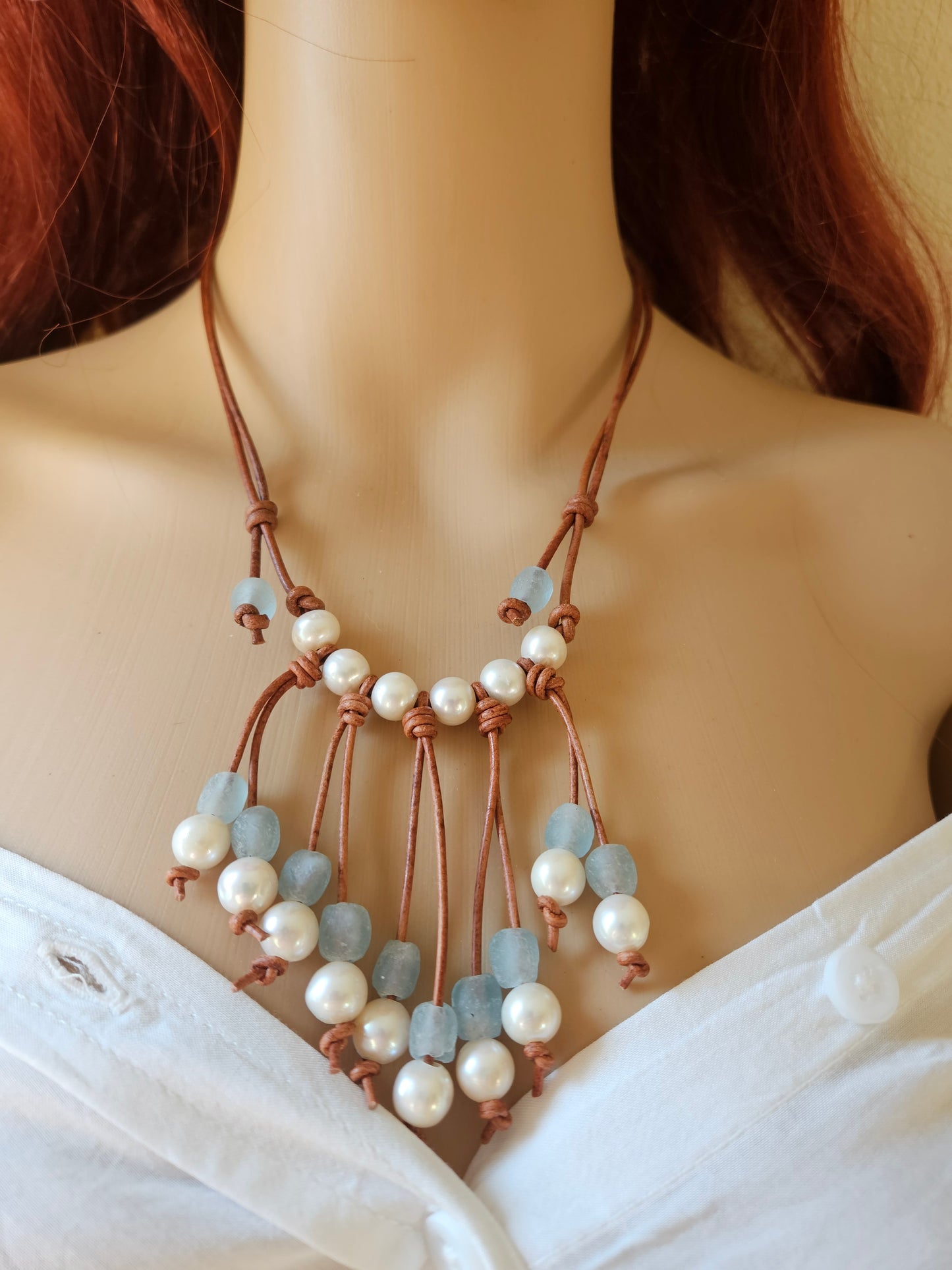 Leather Pearl Necklace: Sea Glass & Freshwater Pearl Fringe