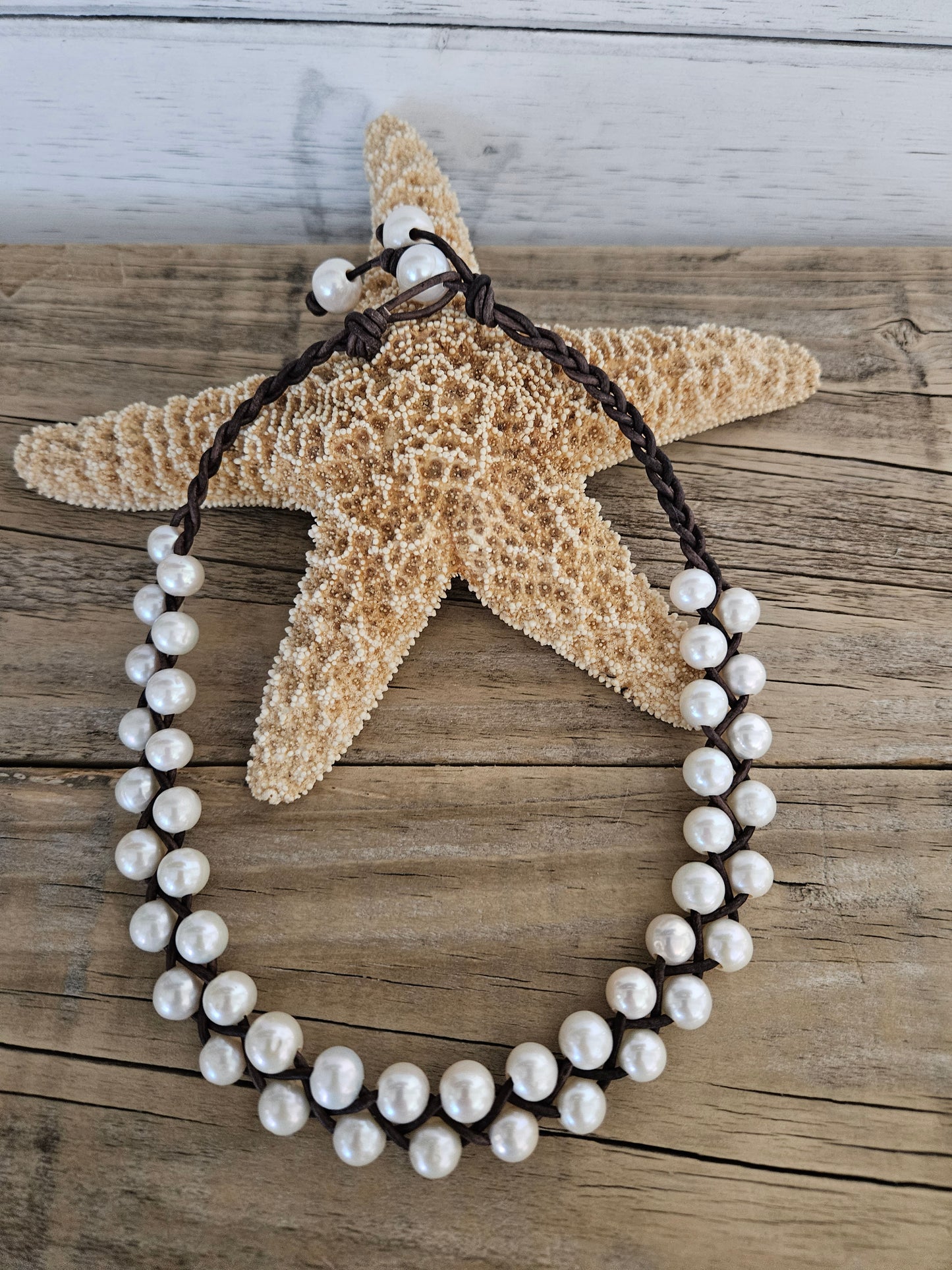 Braided Brown Leather Pearl Choker Necklace