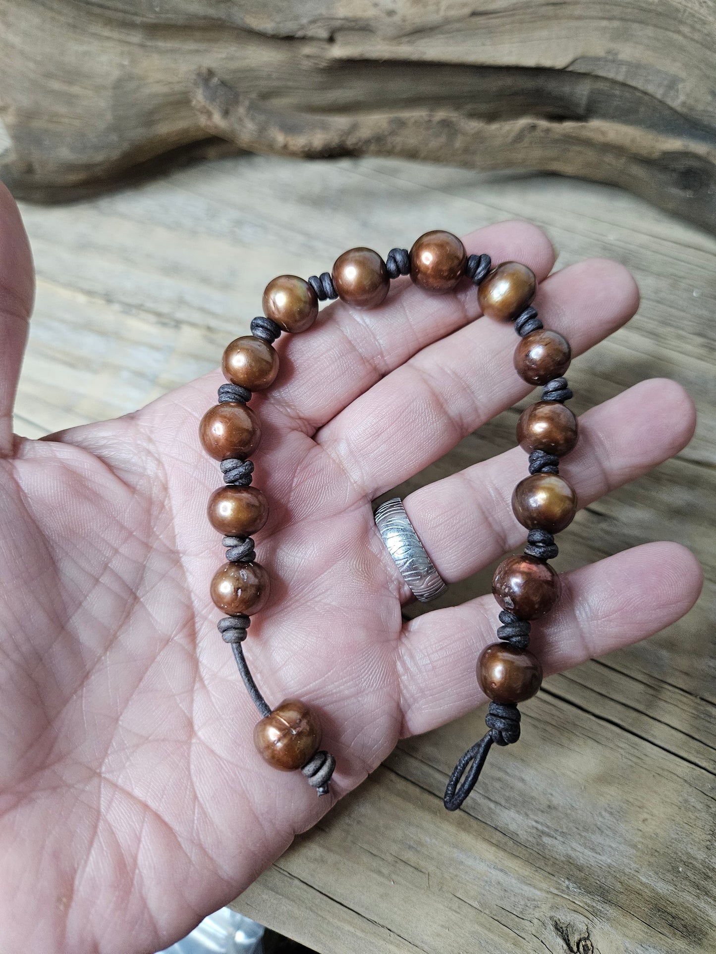Boho Leather Pearl-Copper Freshwater Pearl Knotted Bracelet