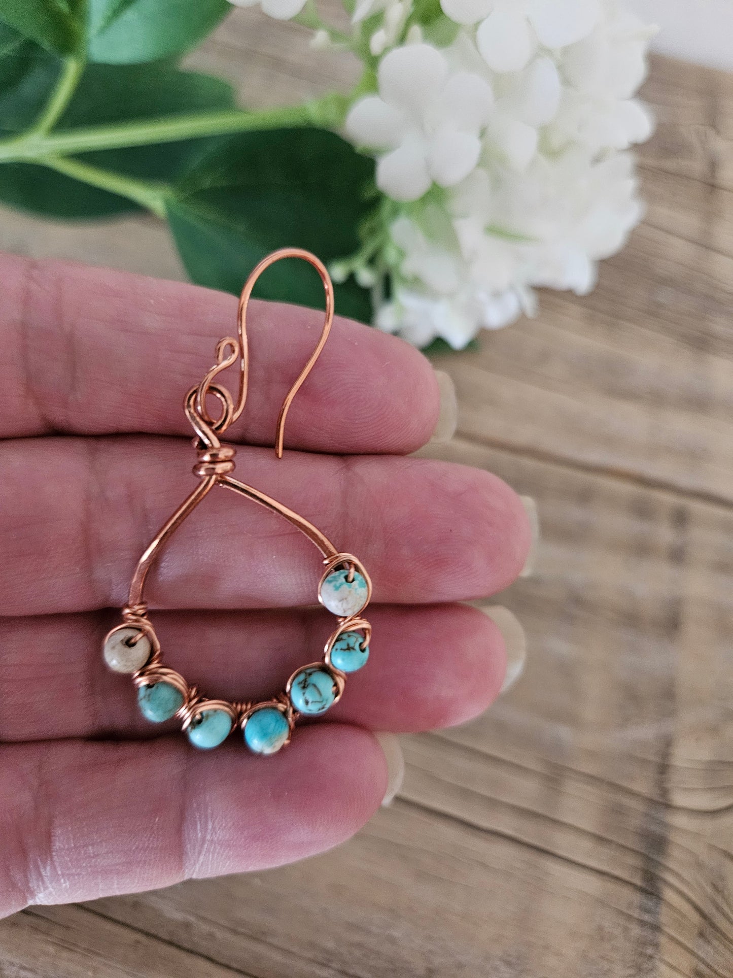 Copper Wire Wrapped Dangle Teardrop shape Earrings with African Turquoise Stones