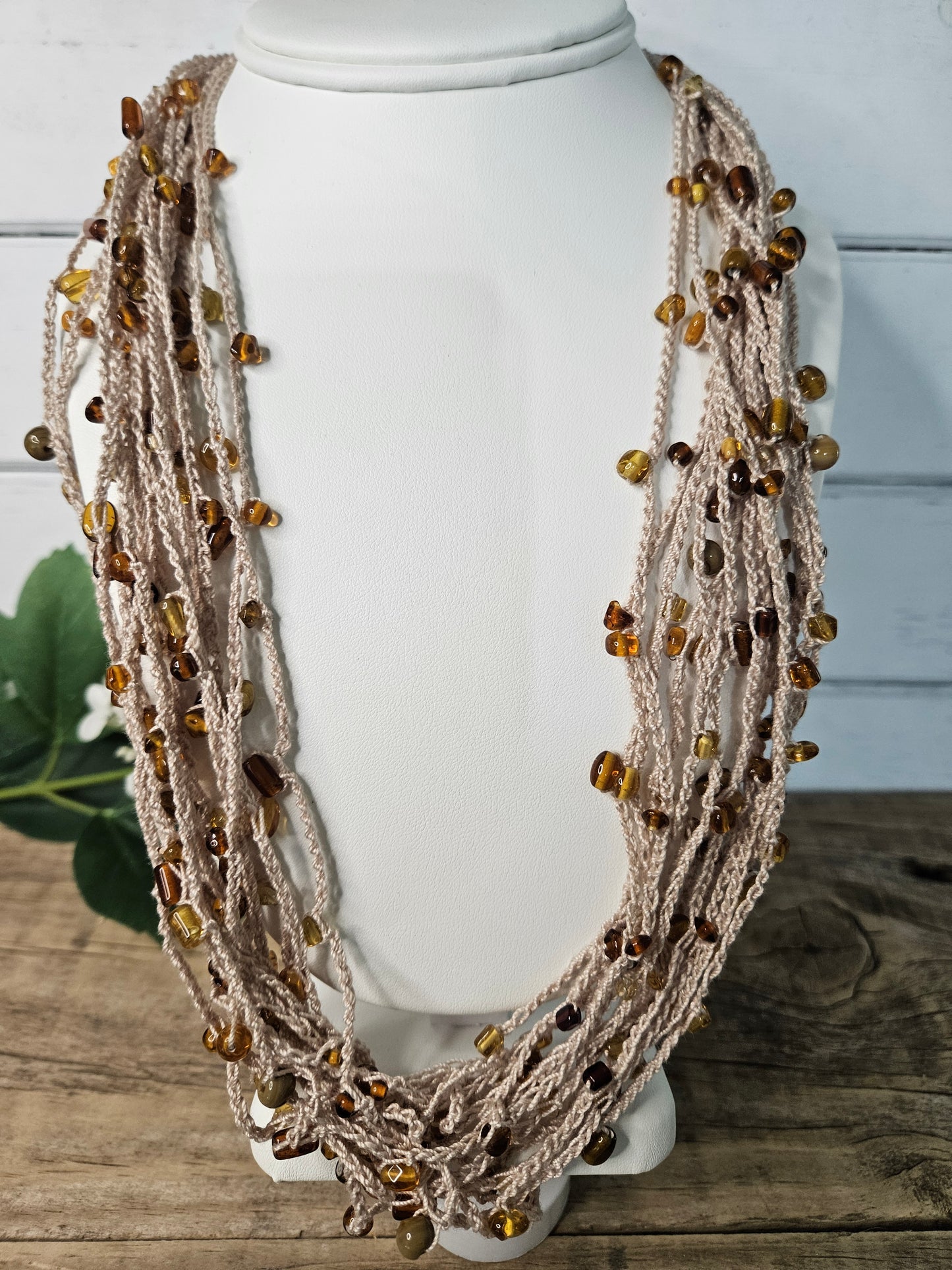 Multi Strand Hand Crochet Amber Glass Bead Minimalist Necklace