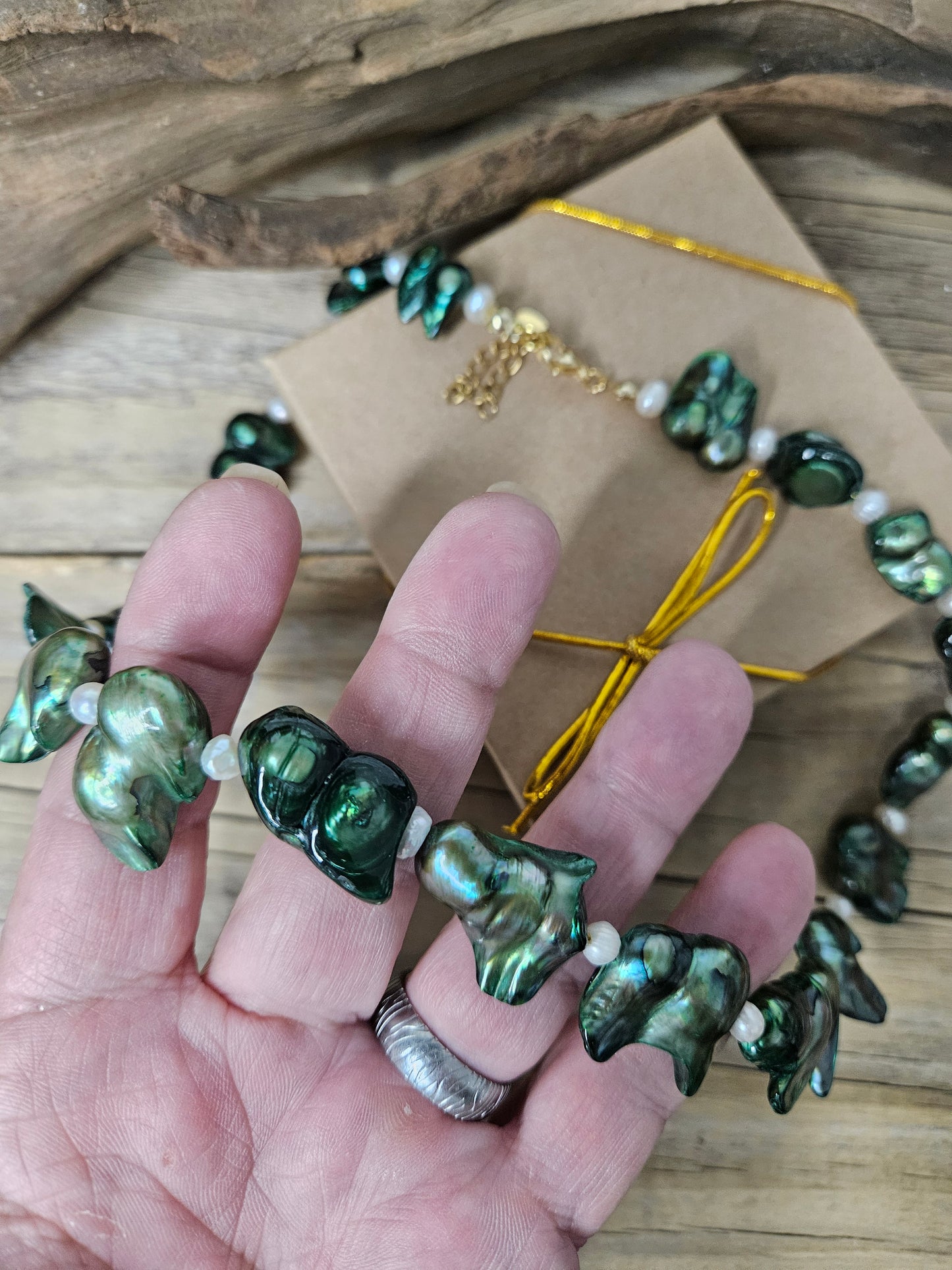Blister Pearl Necklace - Green with White Freshwater Pearls
