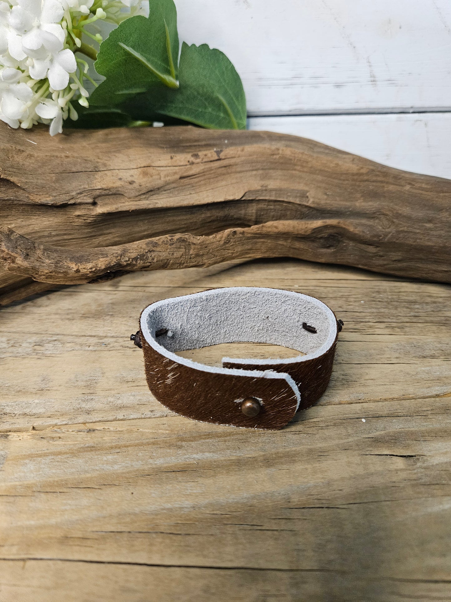 Leather Pearl wide Hair on Hide Bracelet