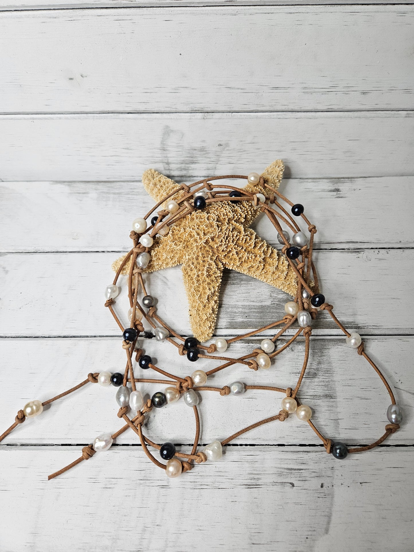 Boho Leather Lariat Necklace: Multi Pearl Colors, Extra Long