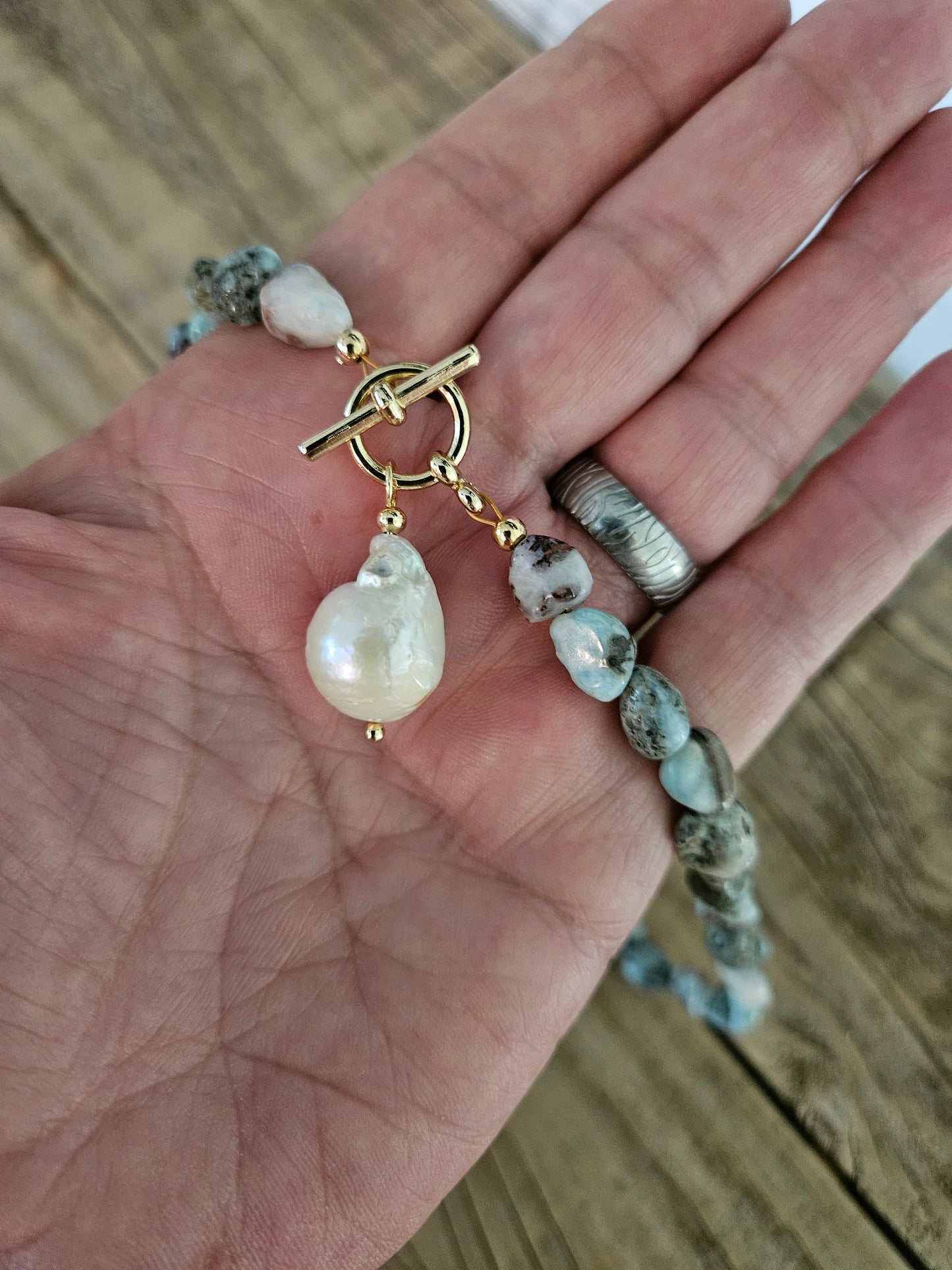 Boho Beach Larimar Nugget Toggle Freshwater Baroque Pearl Necklace