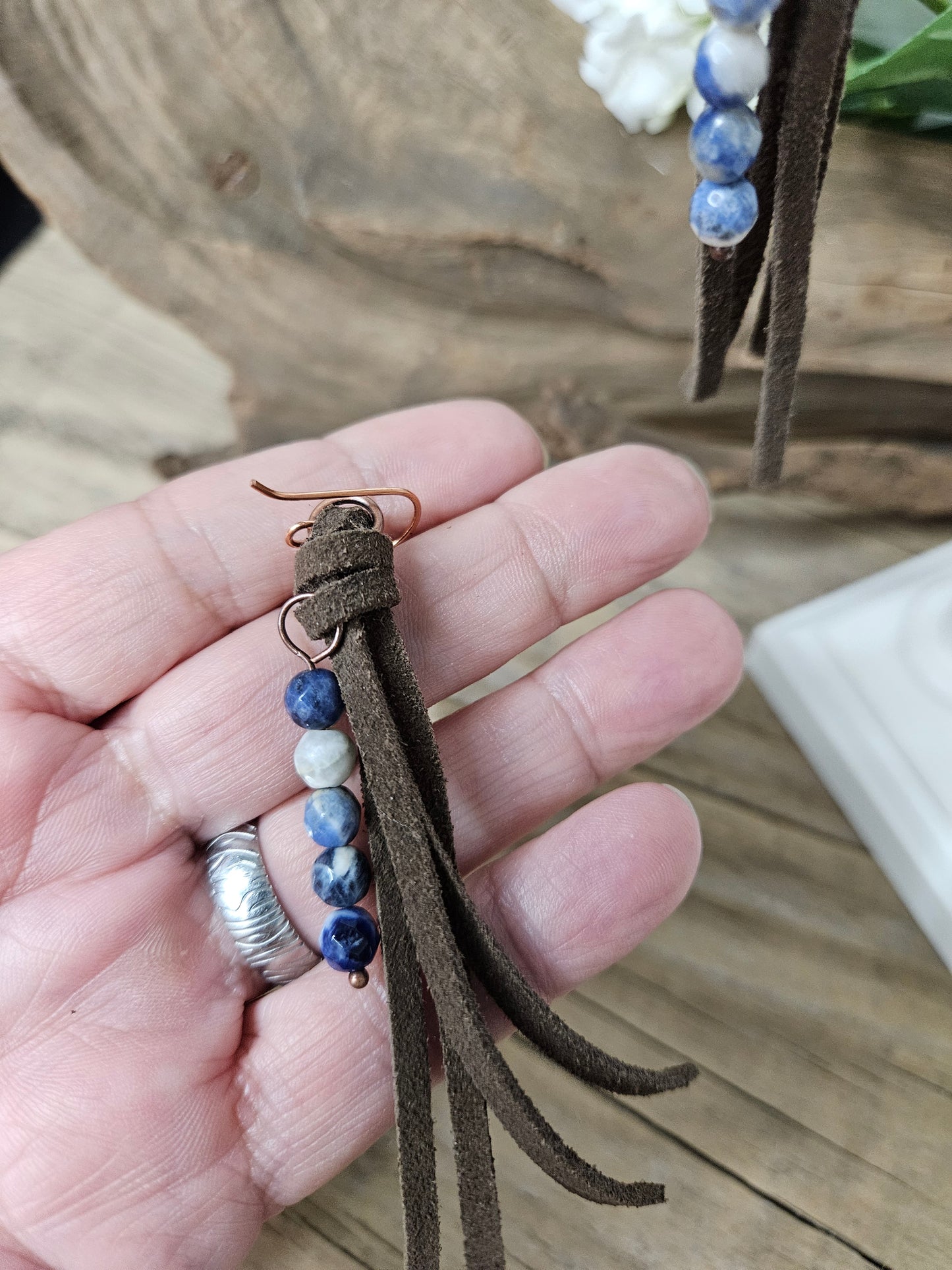 Sodalite Leather Fringe Boho Dangle Copper Earrings