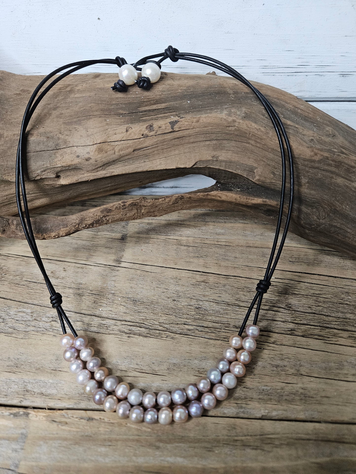 Mauve Freshwater Pearl Multi-Row Knotted Necklace on Black Leather