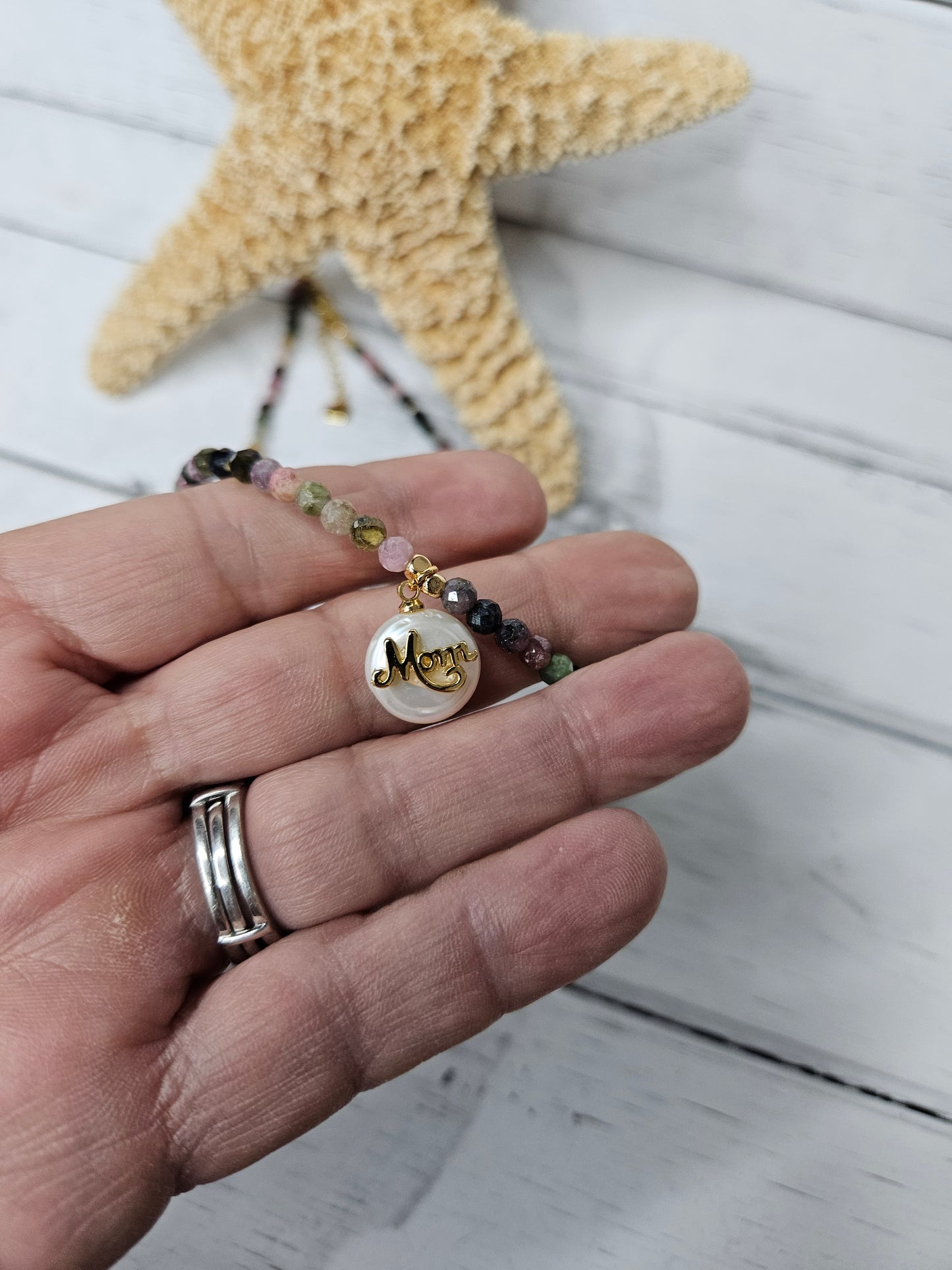Tourmaline Pearl Mom Pendant Necklace: Beaded Boho Jewelry