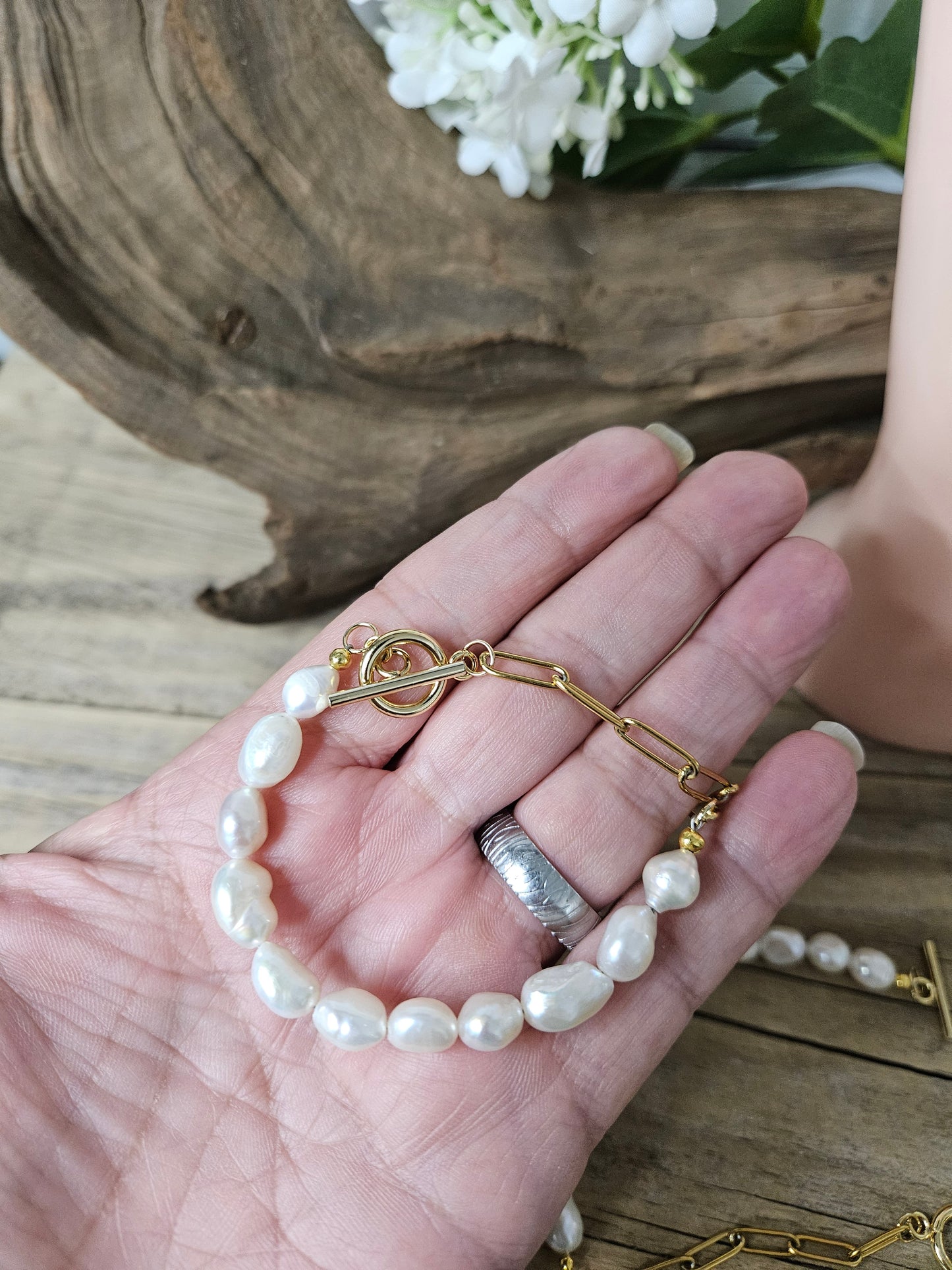 Paperclip Freshwater Pearl Toggle Bracelet