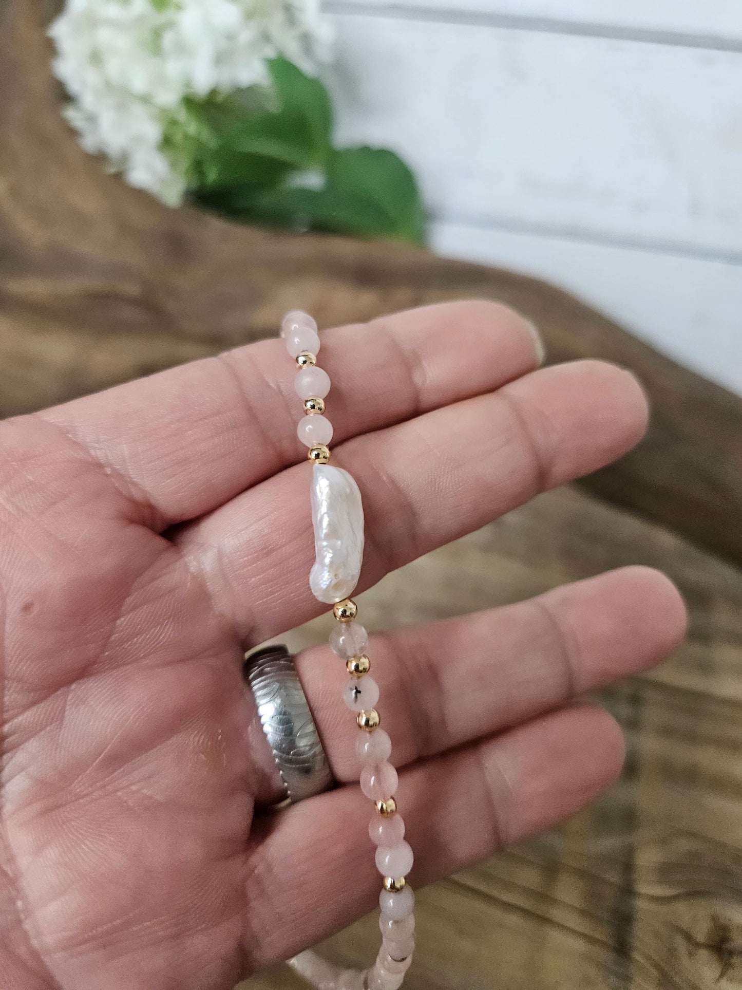 Boho Pink Rose Quartz Baroque Pearl Semi Precious Stone Necklace