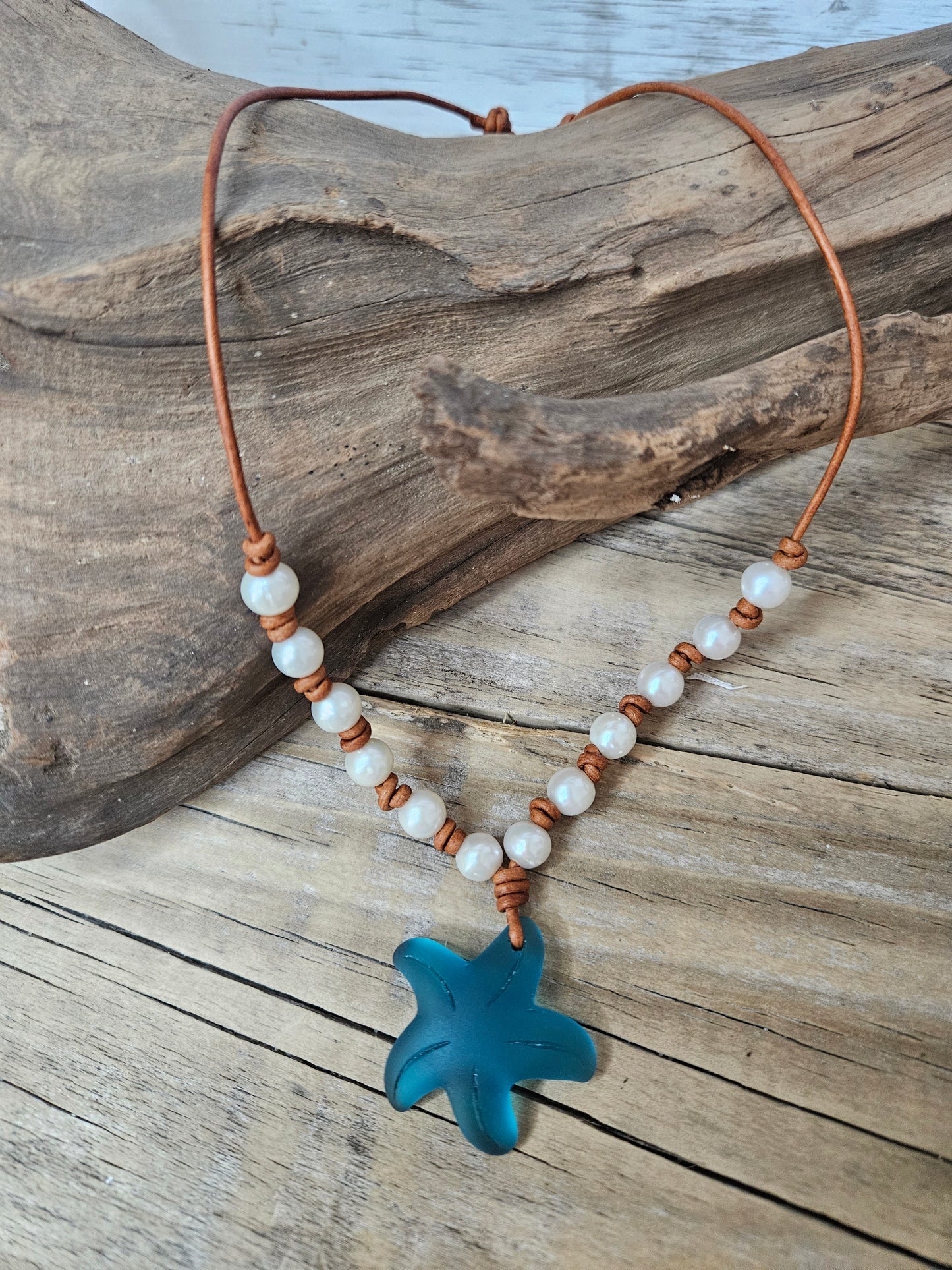 Freshwater Pearl on Leather Blue Sea Glass Starfish Pendent Necklace