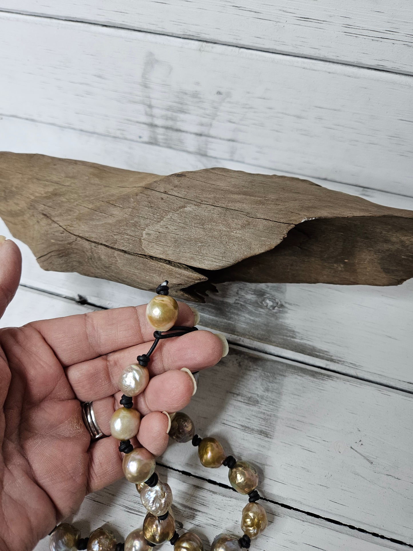 Leather Pearl Necklace: Large Multi Color Baroque Pearl