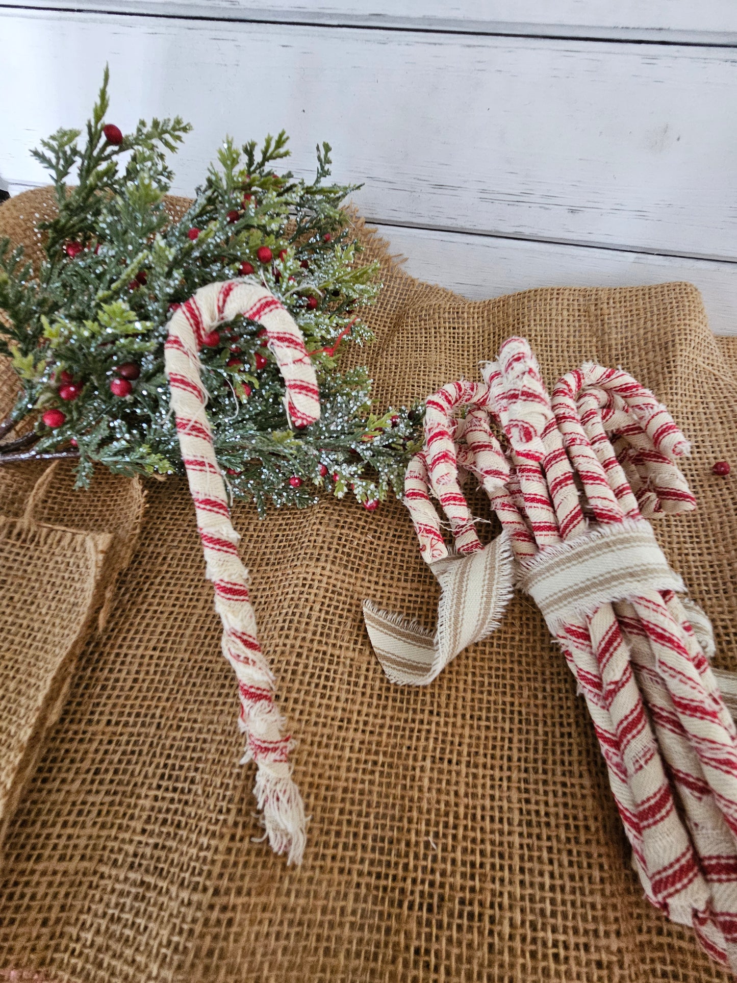 Handmade Red & White Ticking Fabric Candy Cane Ornaments - Set of 12, Primitive Christmas Decor