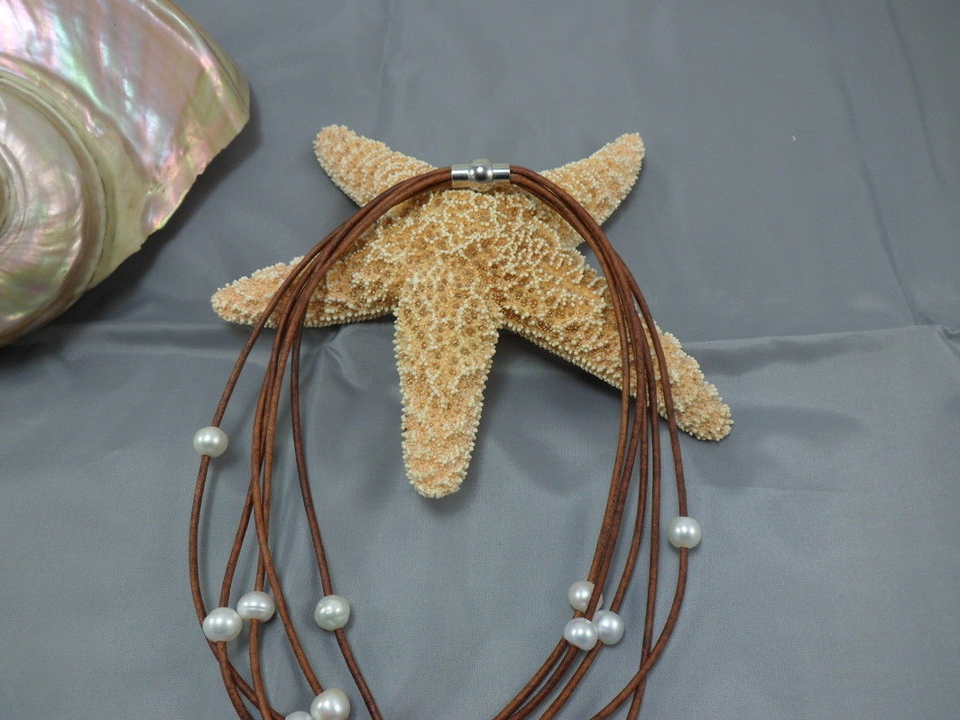 Boho Beach Leather Freshwater Pearl Multi Row Necklace
