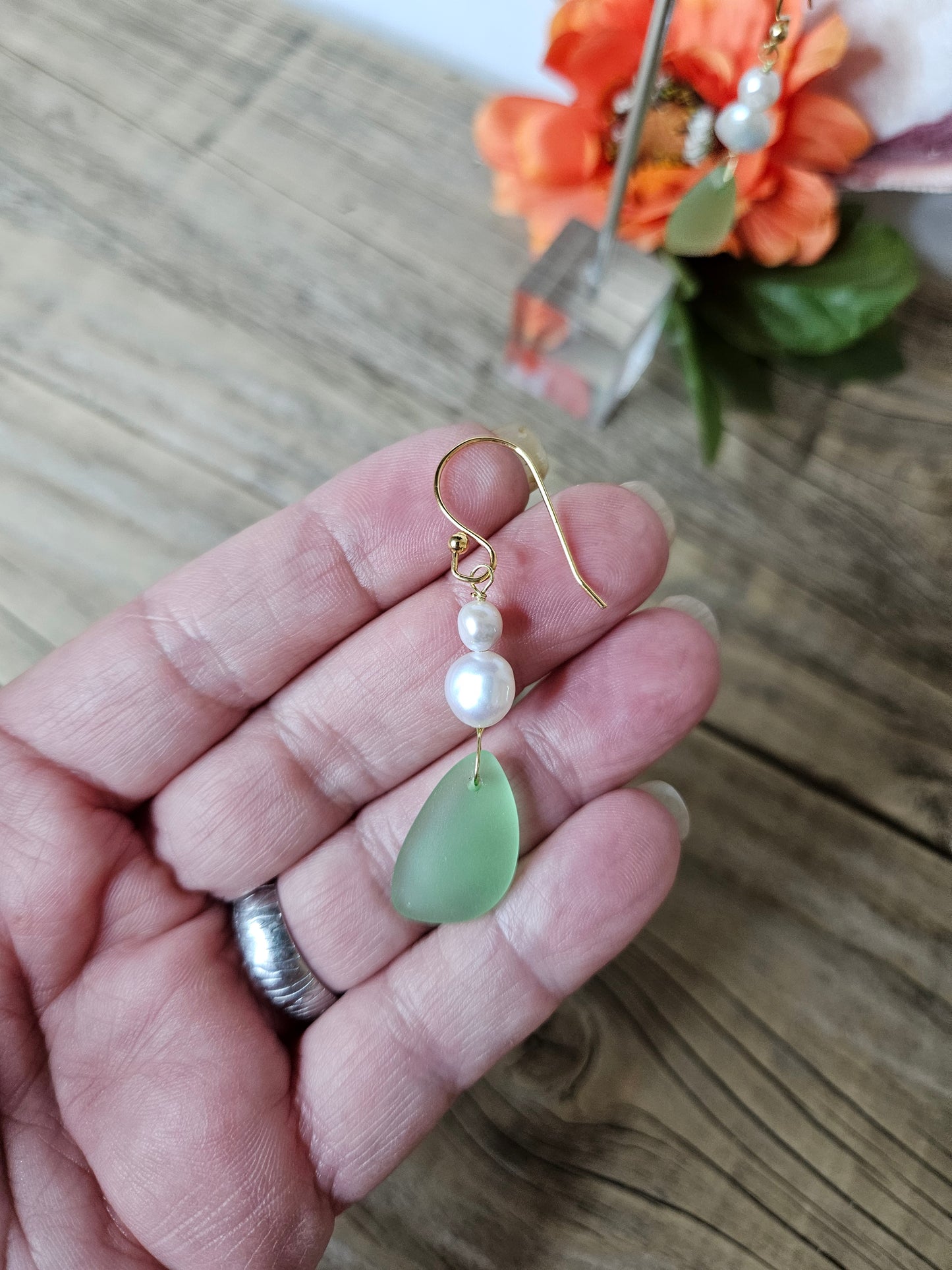 Boho Beach Freshwater Pearl Green Sea Glass Dangle Earrings