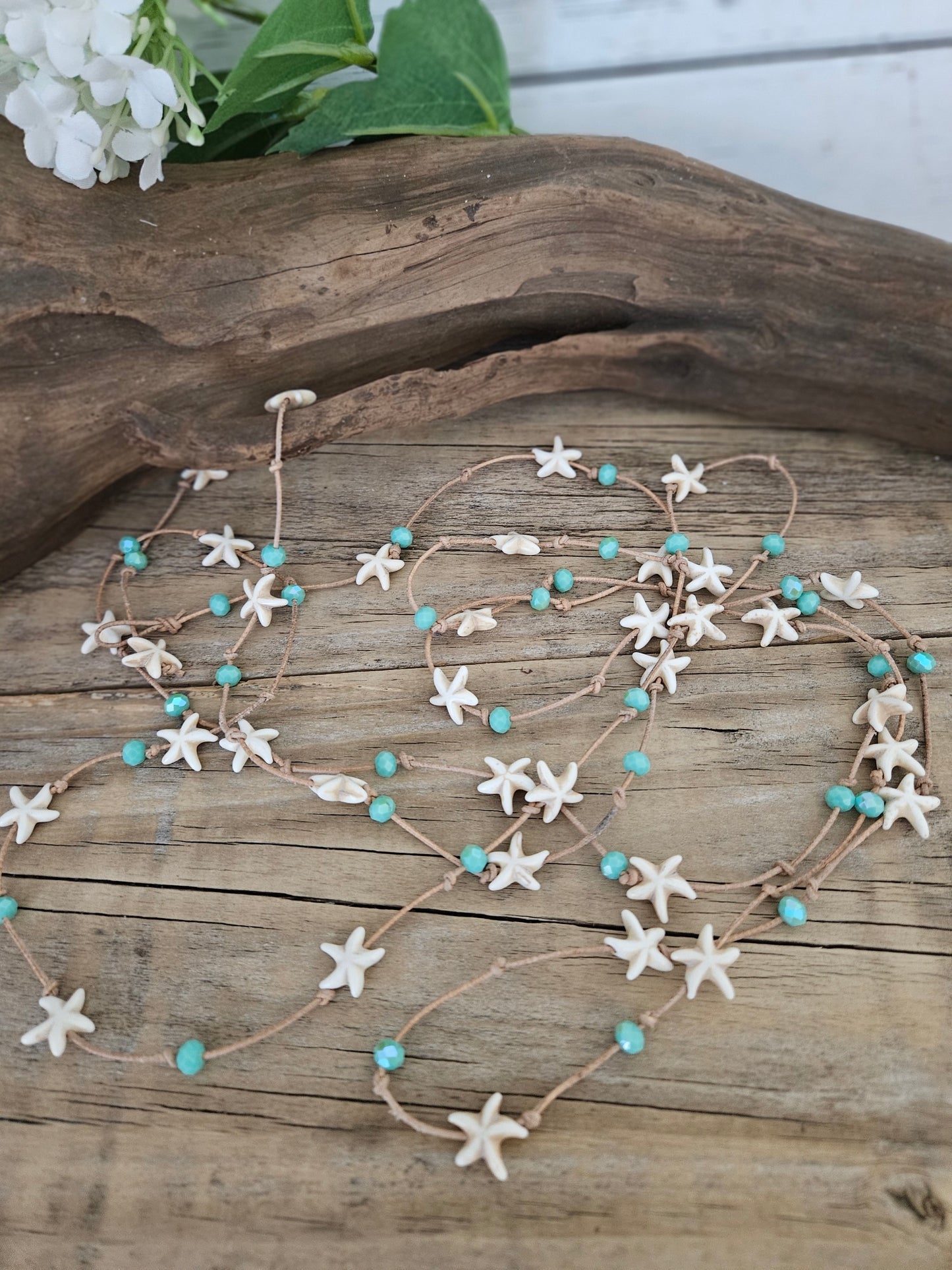 Cream Starfish Leather Wrap Necklace with Green Sparkle Glass Beads