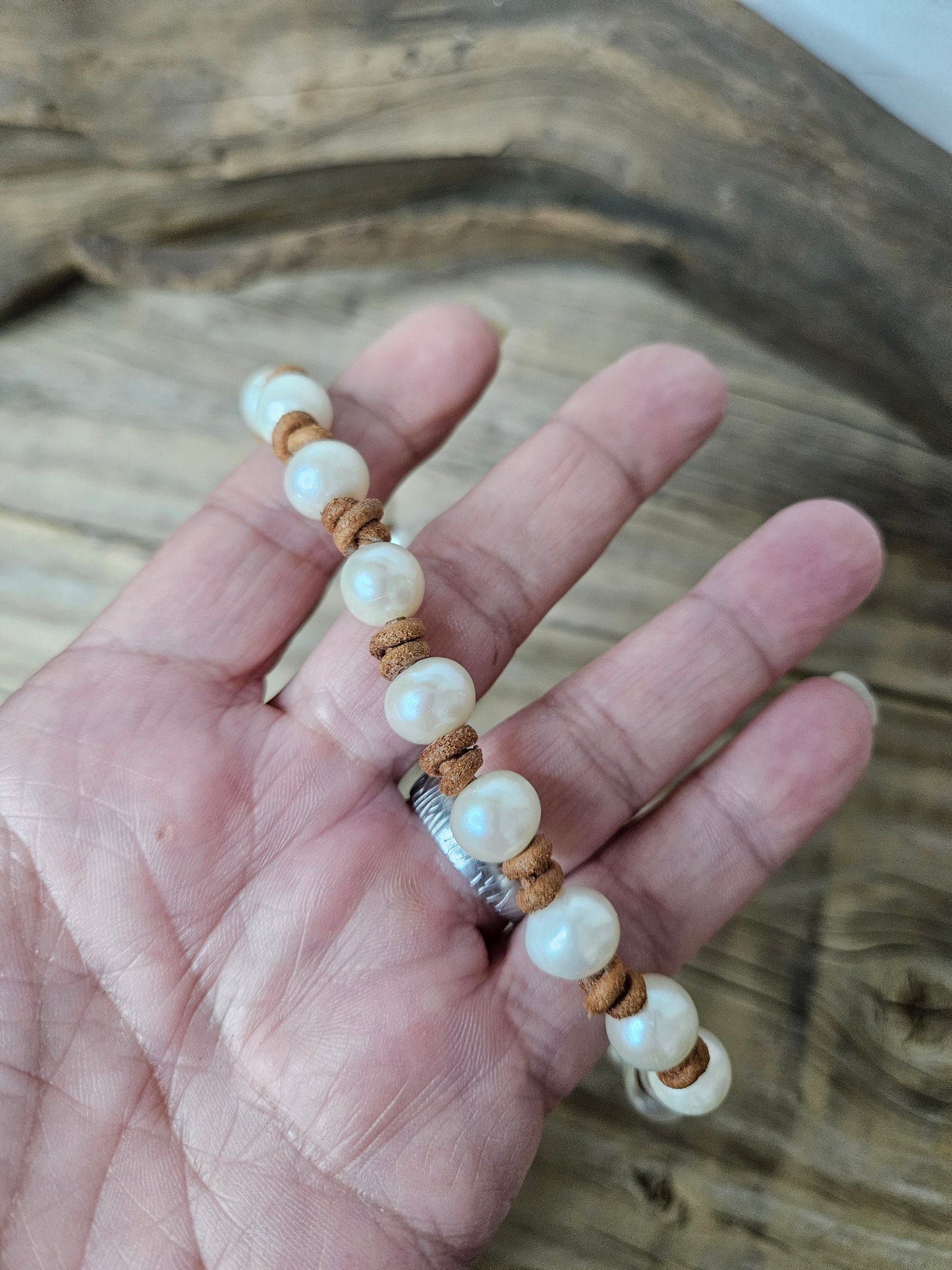 Pearl on Tan Leather Knotted Necklace