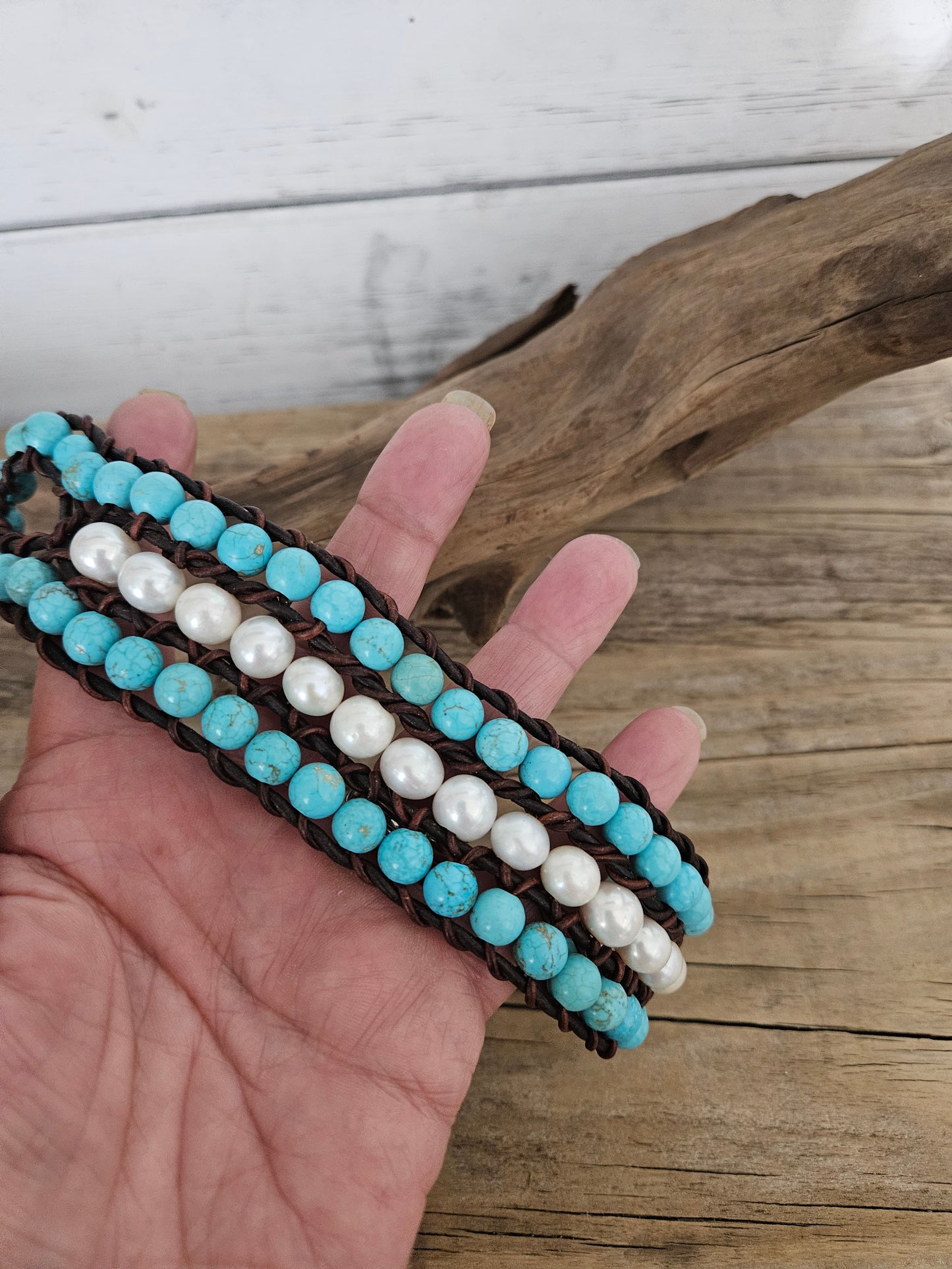 Braided Freshwater Pearl with Stone Leather Bracelet-wrap Bracelet-Multi Strand Bracelet