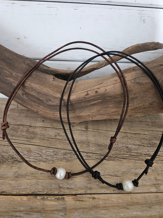 Boho Leather Choker Necklace with 10mm Freshwater Pearl
