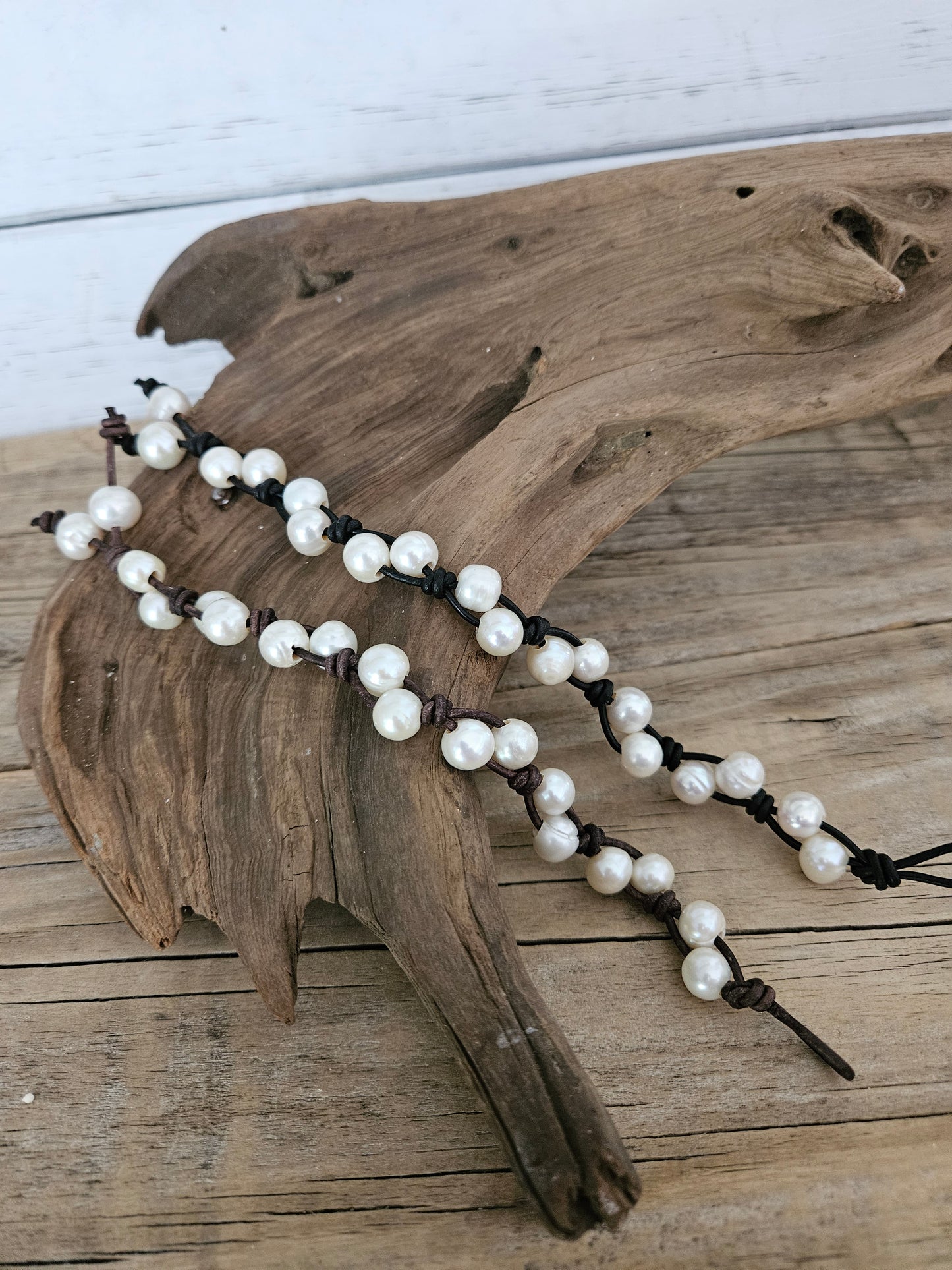 Boho Leather Freshwater Pearl Double Row Bracelet