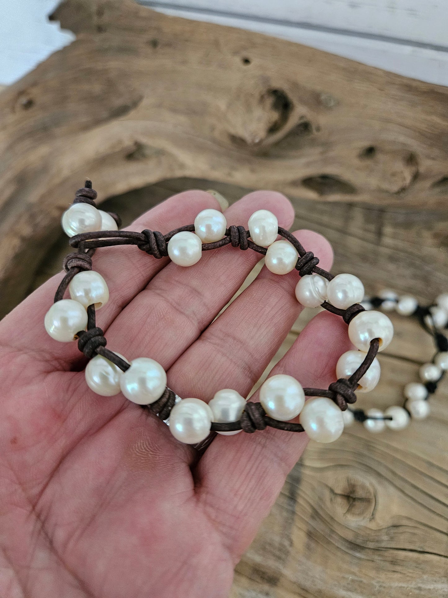 Boho Leather Freshwater Pearl Double Row Bracelet