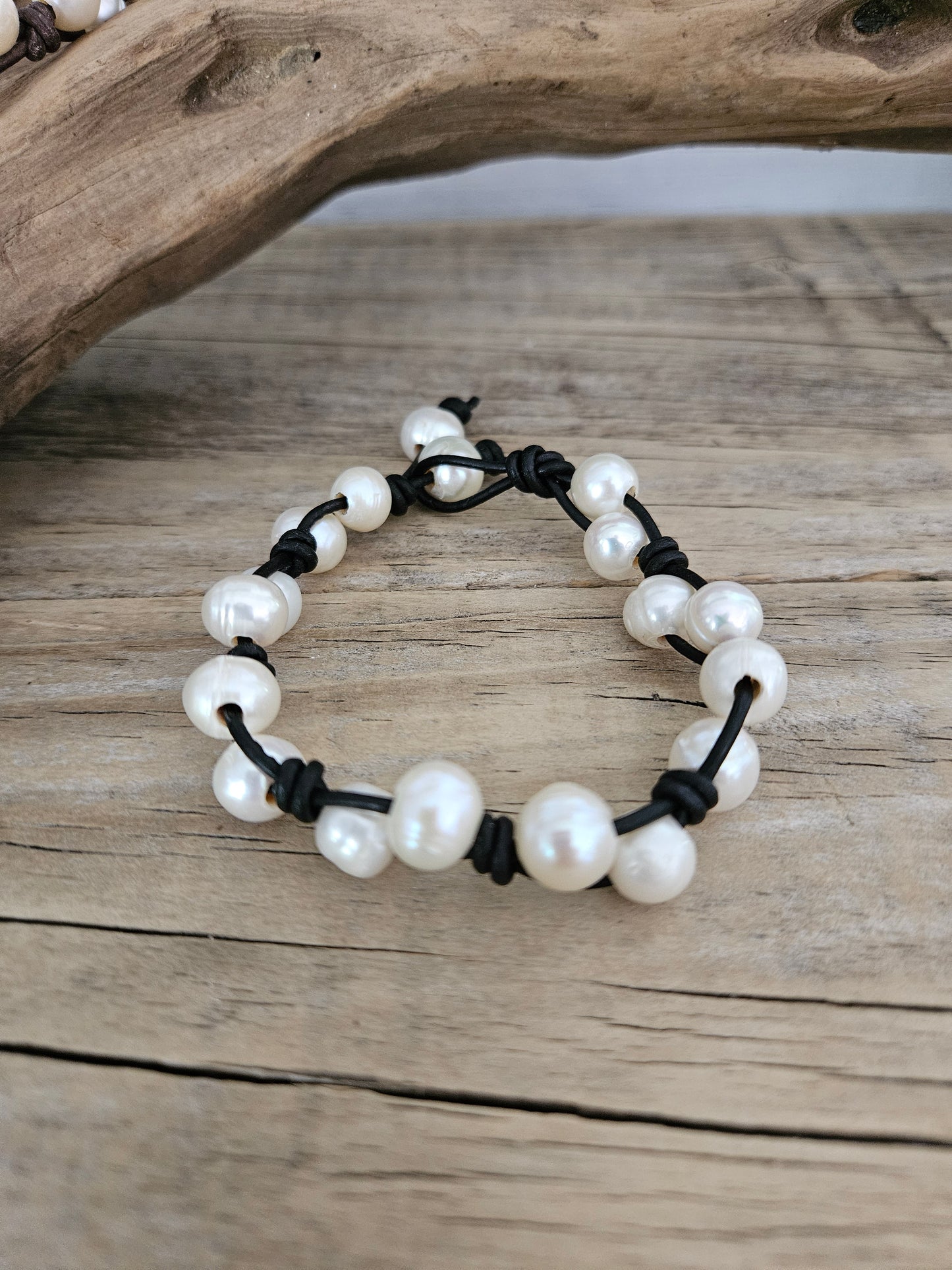 Boho Leather Freshwater Pearl Double Row Bracelet