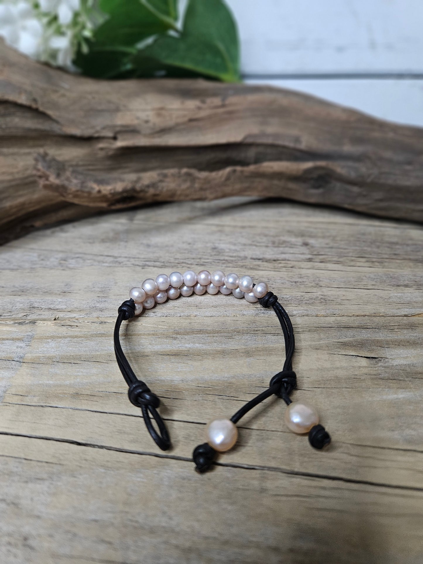 Leather Freshwater Pearl- Multi Row Mauve Color Bracelet