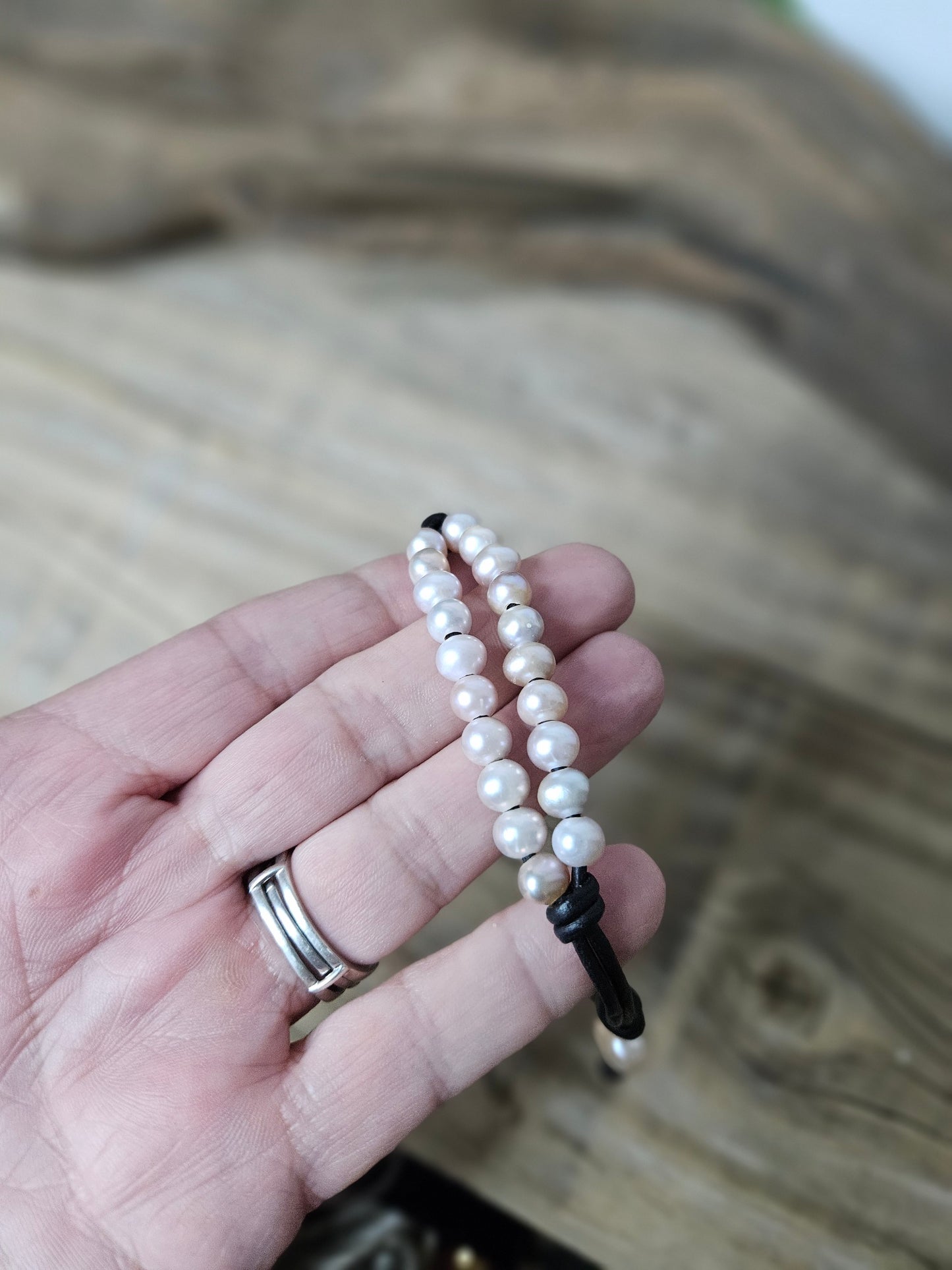 Leather Freshwater Pearl- Multi Row Mauve Color Bracelet