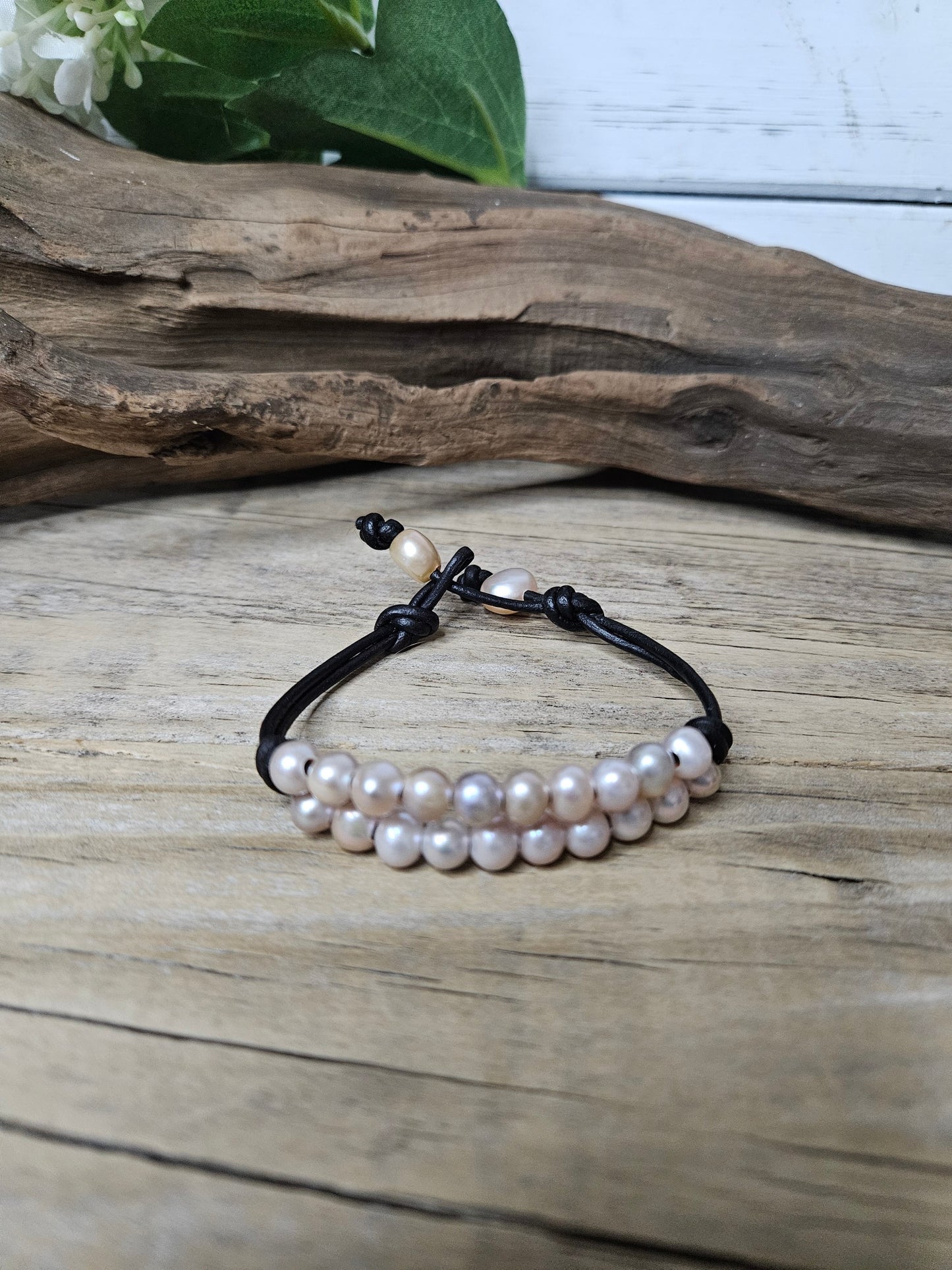 Leather Freshwater Pearl- Multi Row Mauve Color Bracelet