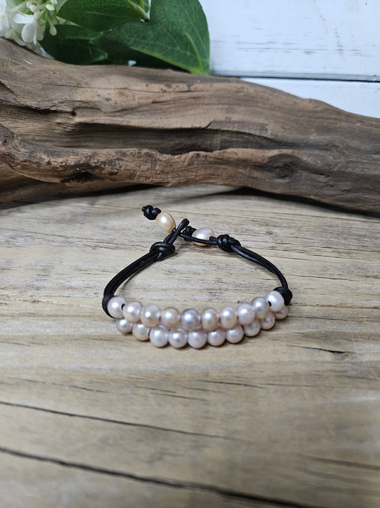 Leather Freshwater Pearl- Multi Row Mauve Color Bracelet