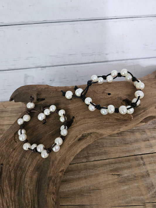 Boho Leather Freshwater Pearl Double Row Bracelet