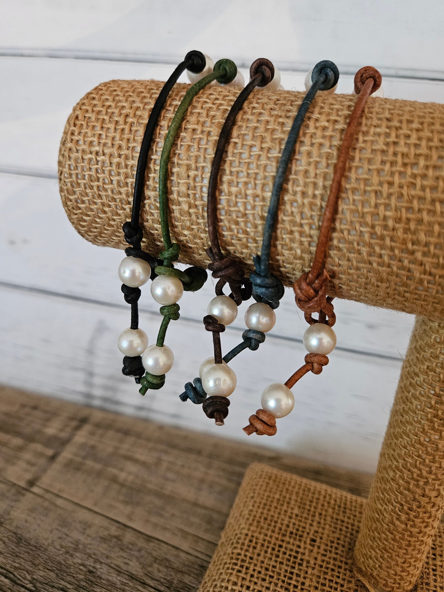 White Freshwater Pearl Leather Bracelet - Made in USA