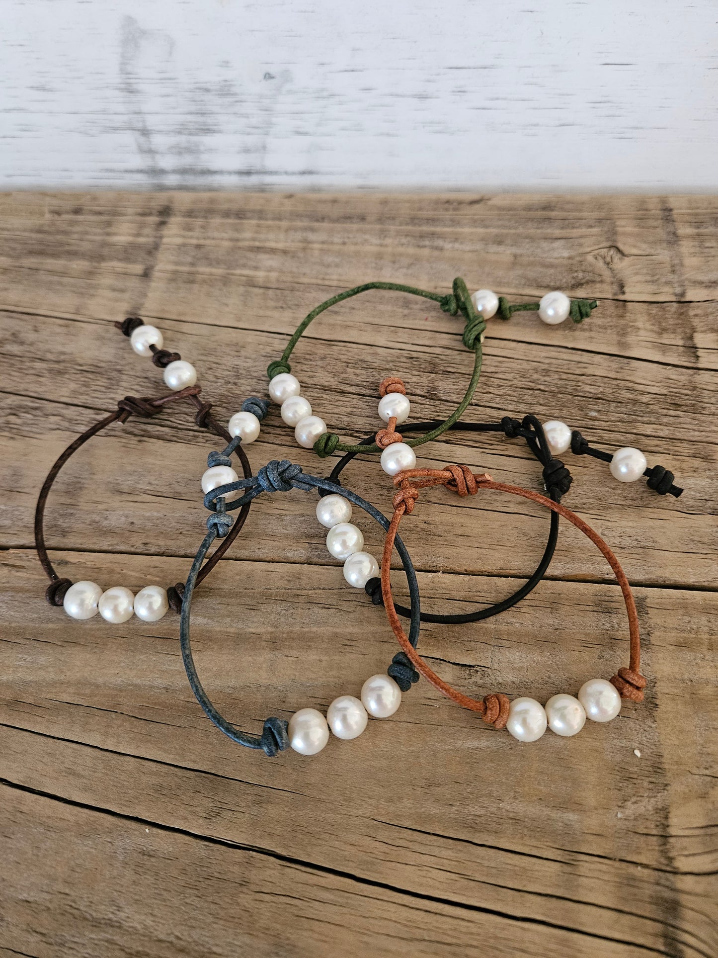 White Freshwater Pearl Leather Bracelet - Made in USA