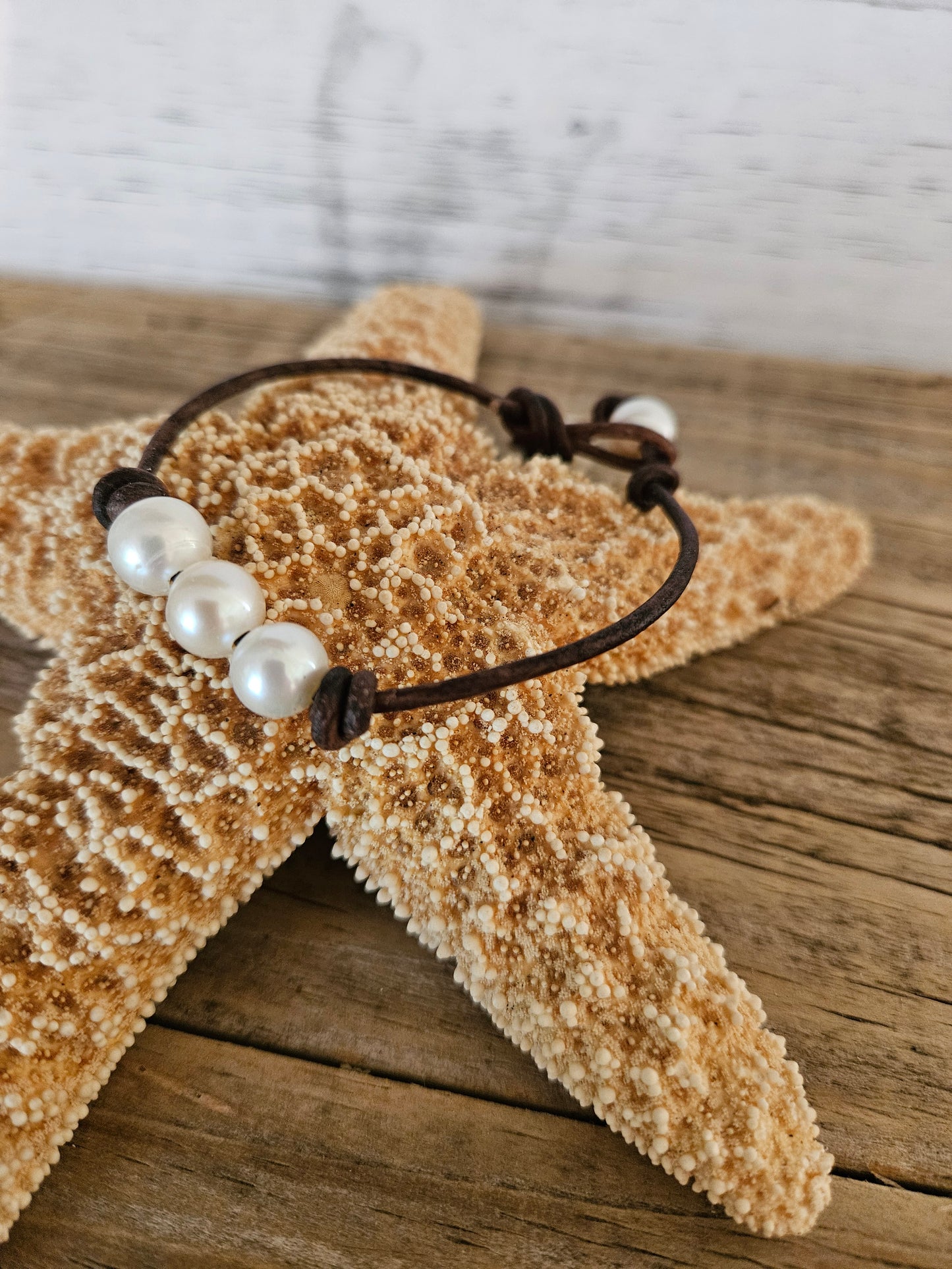 White Freshwater Pearl Leather Bracelet - Made in USA