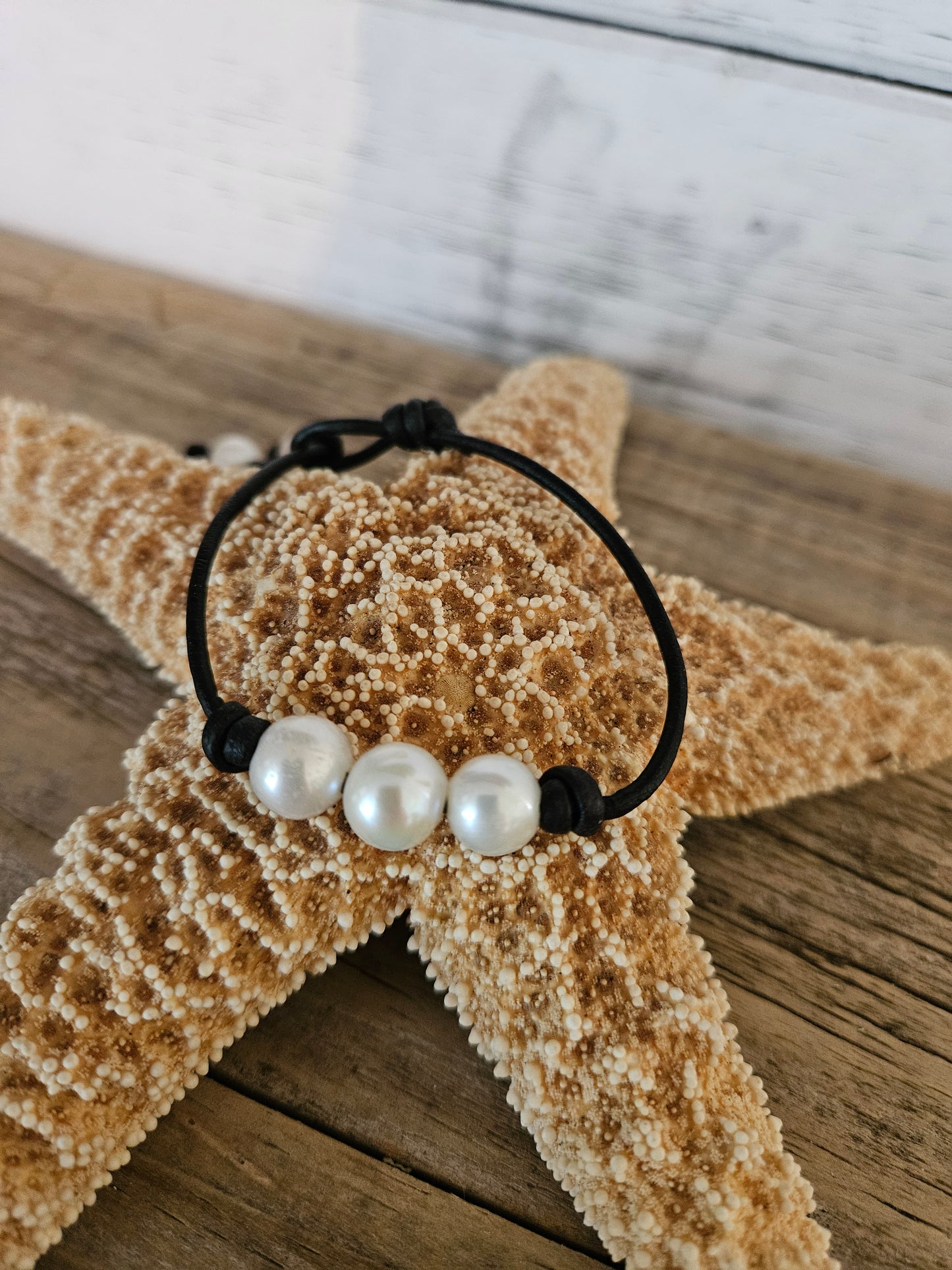 White Freshwater Pearl Leather Bracelet - Made in USA