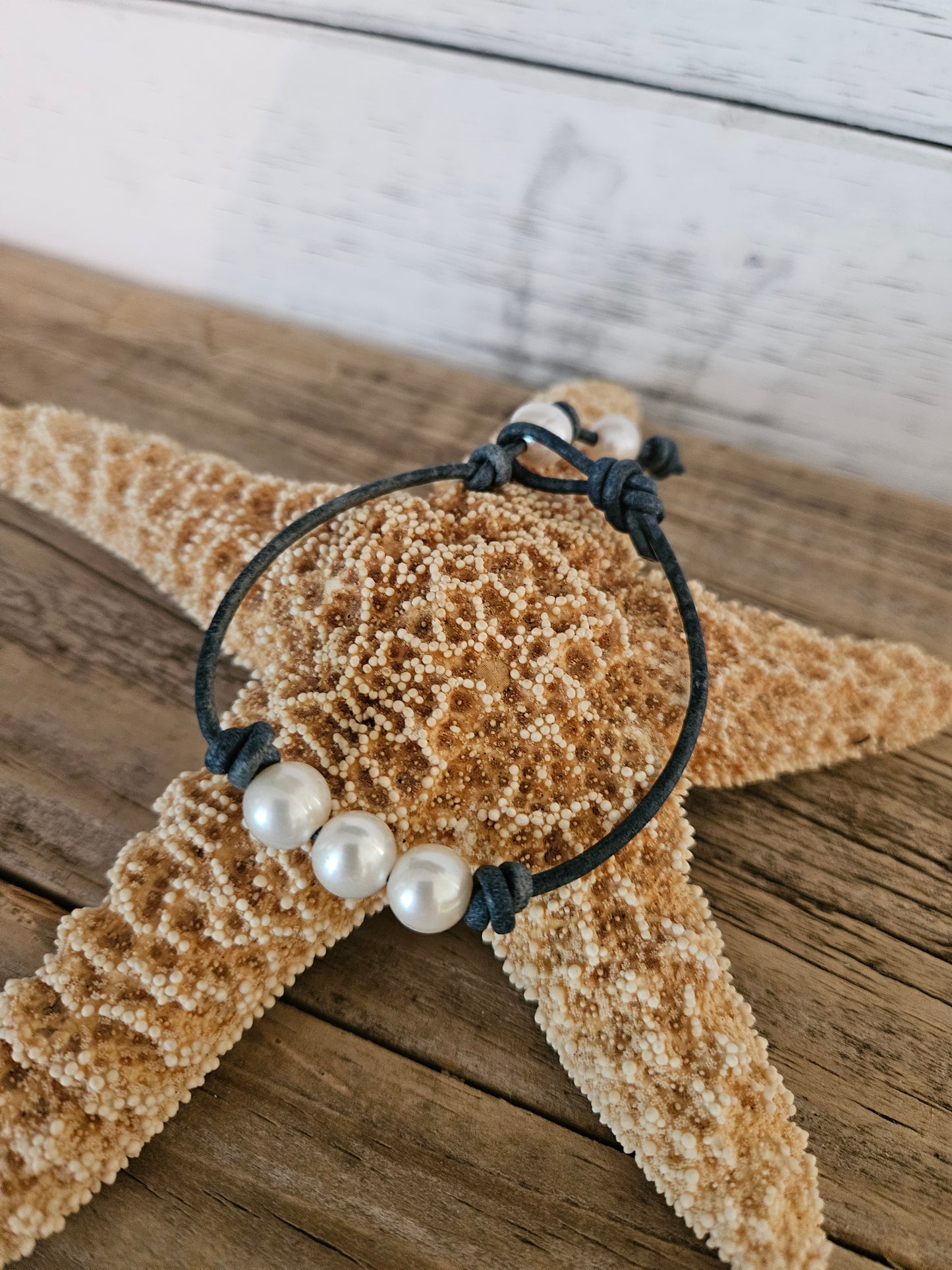 White Freshwater Pearl Leather Bracelet - Made in USA