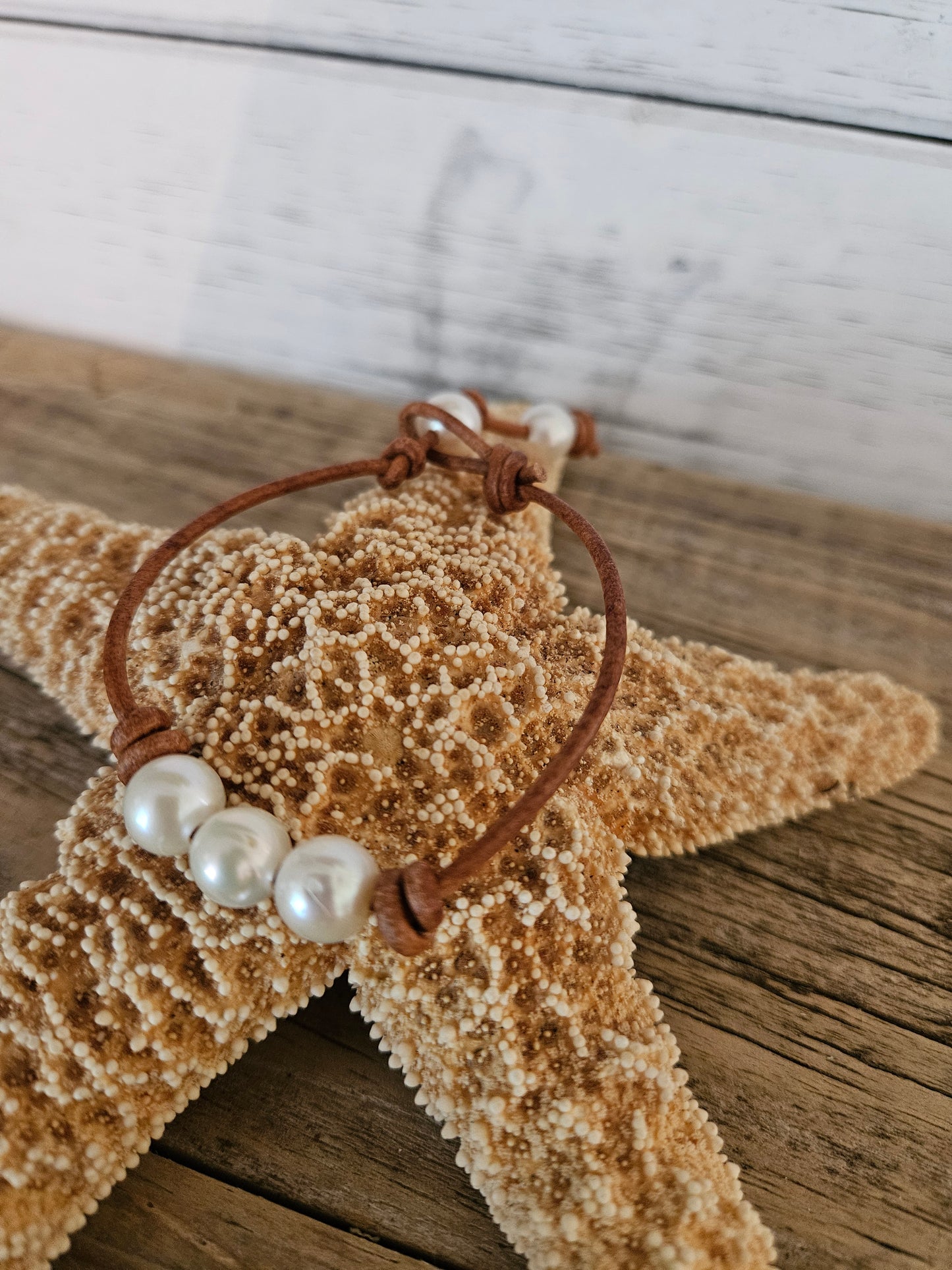 White Freshwater Pearl Leather Bracelet - Made in USA