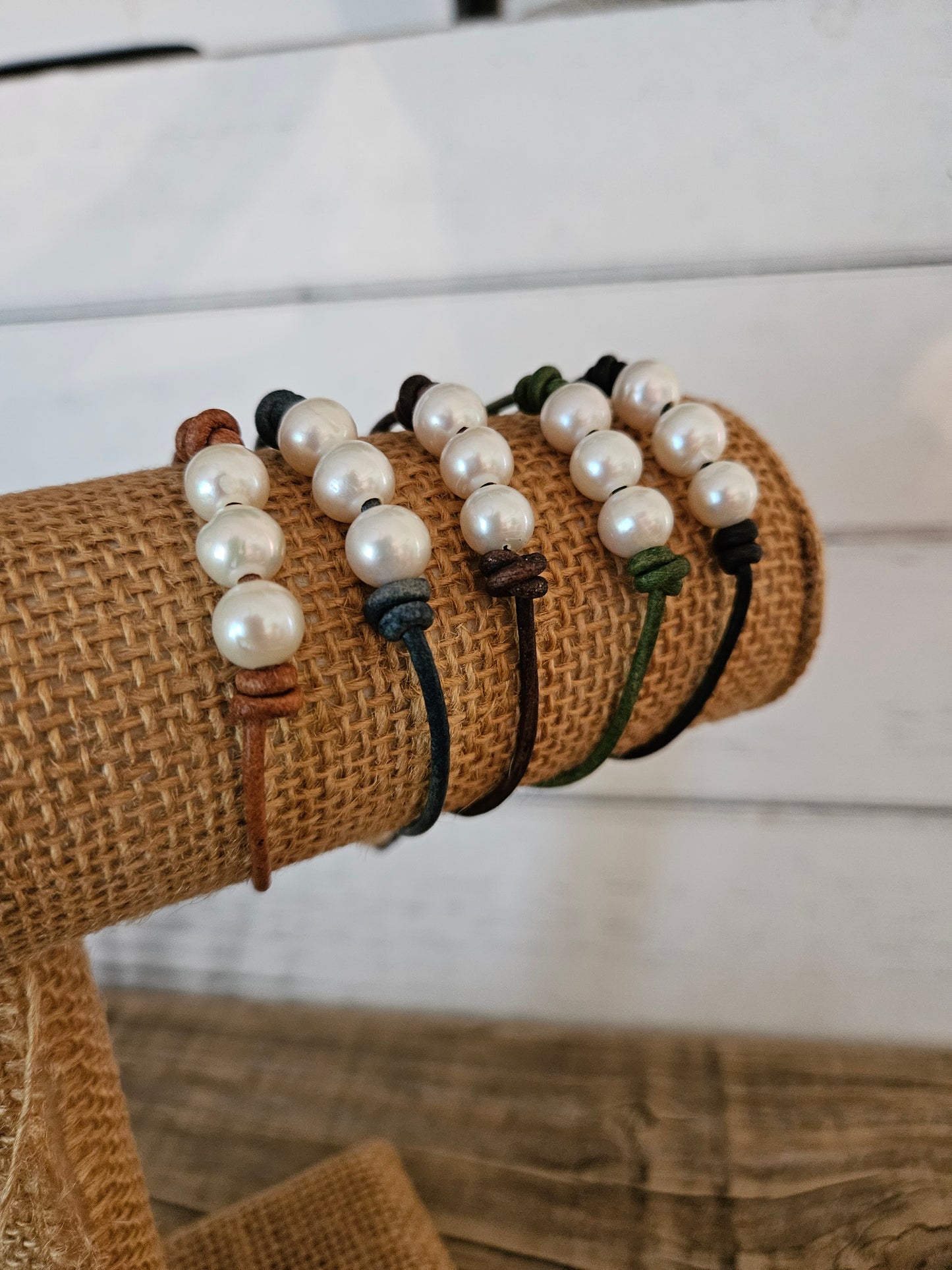 White Freshwater Pearl Leather Bracelet - Made in USA