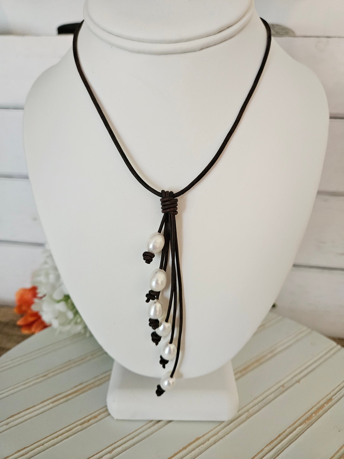White Freshwater Pearl Necklace-Lariat Style Leather Necklace