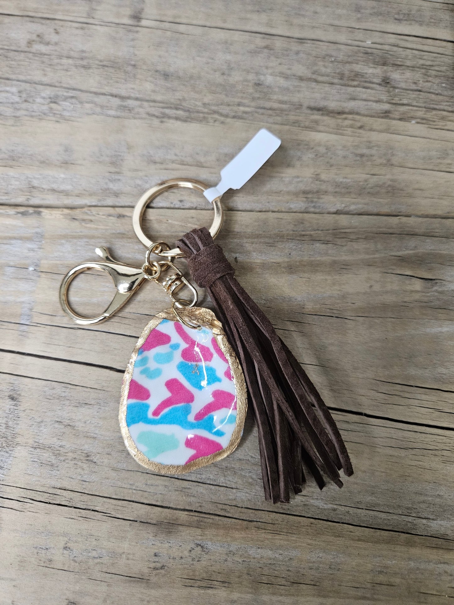Decoupage Oyster Shell Keychain | Lilly Print Fabric Bag Charm