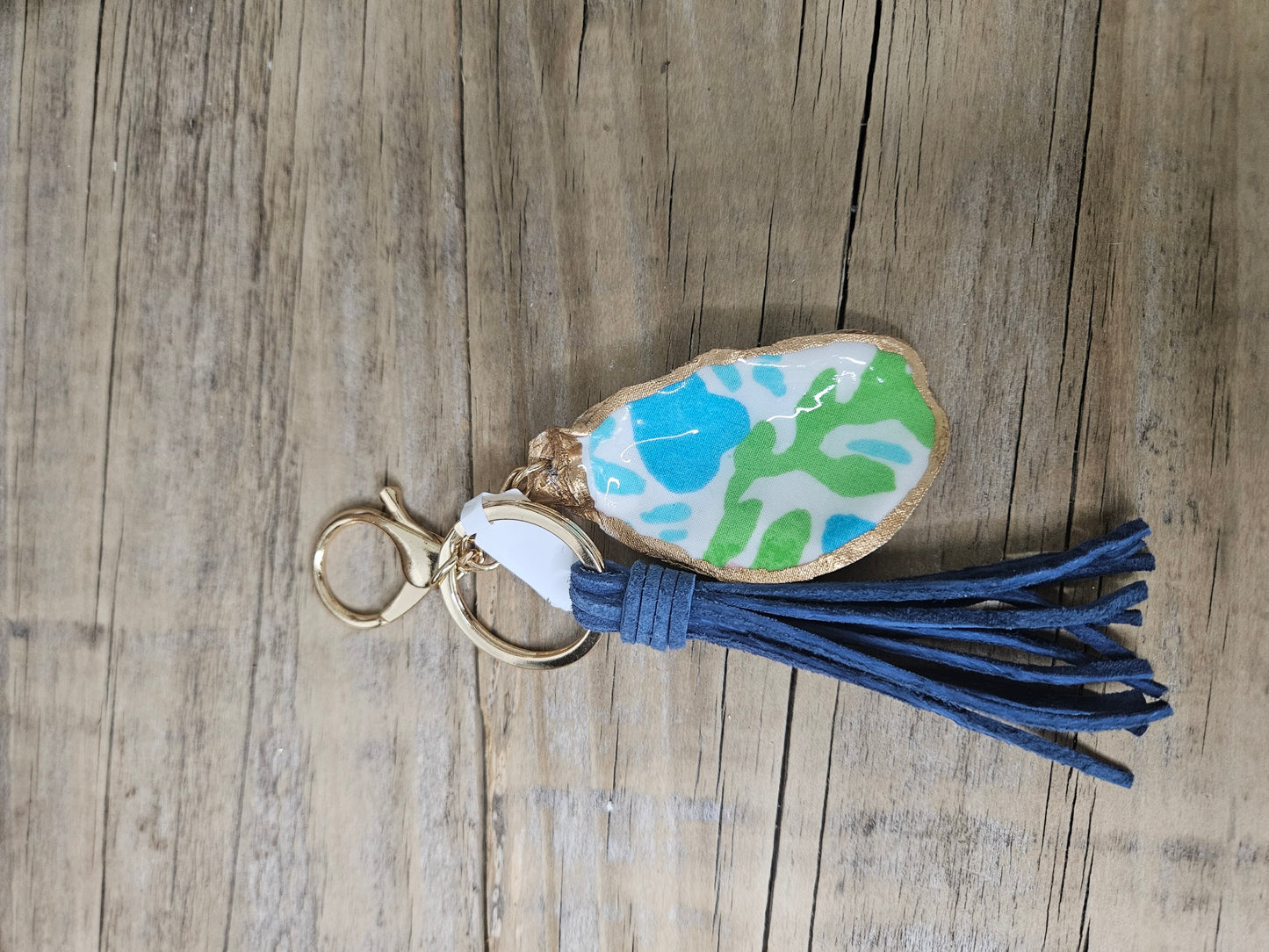 Decoupage Oyster Shell Keychain | Lilly Print Fabric Bag Charm