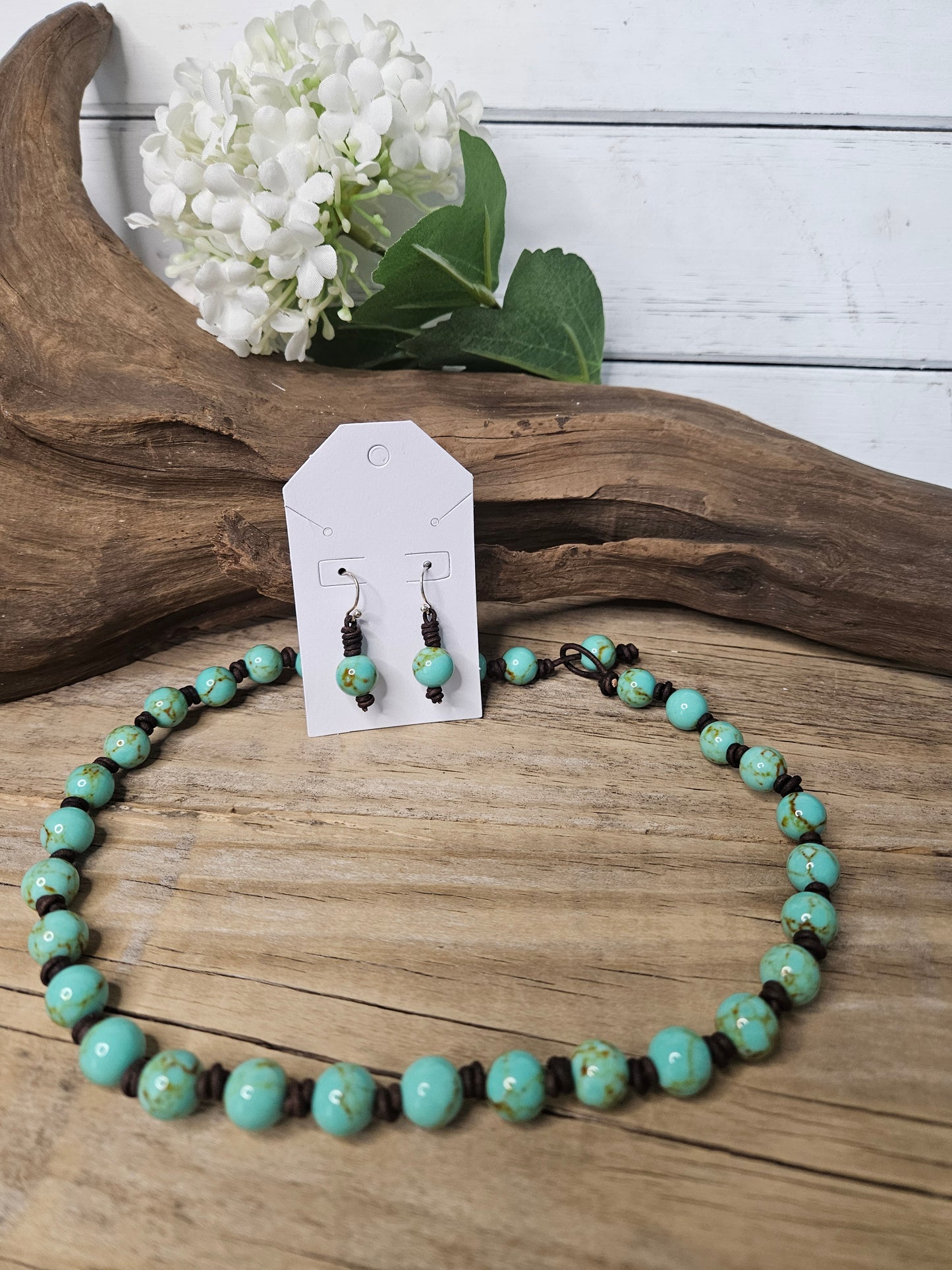 Knotted Turquoise Blue Jasper Leather Necklace & Earring Set | Boho Anytime Gift