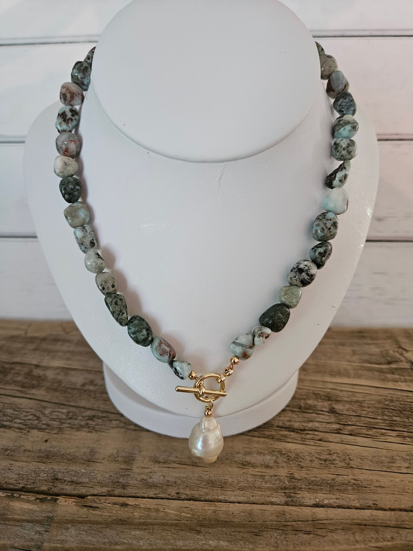 Boho Beach Larimar Nugget Toggle Freshwater Baroque Pearl Necklace