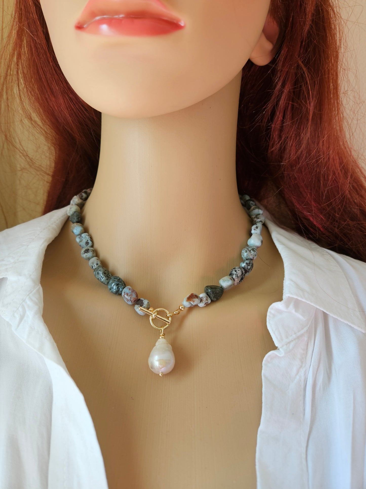 Boho Beach Larimar Nugget Toggle Freshwater Baroque Pearl Necklace